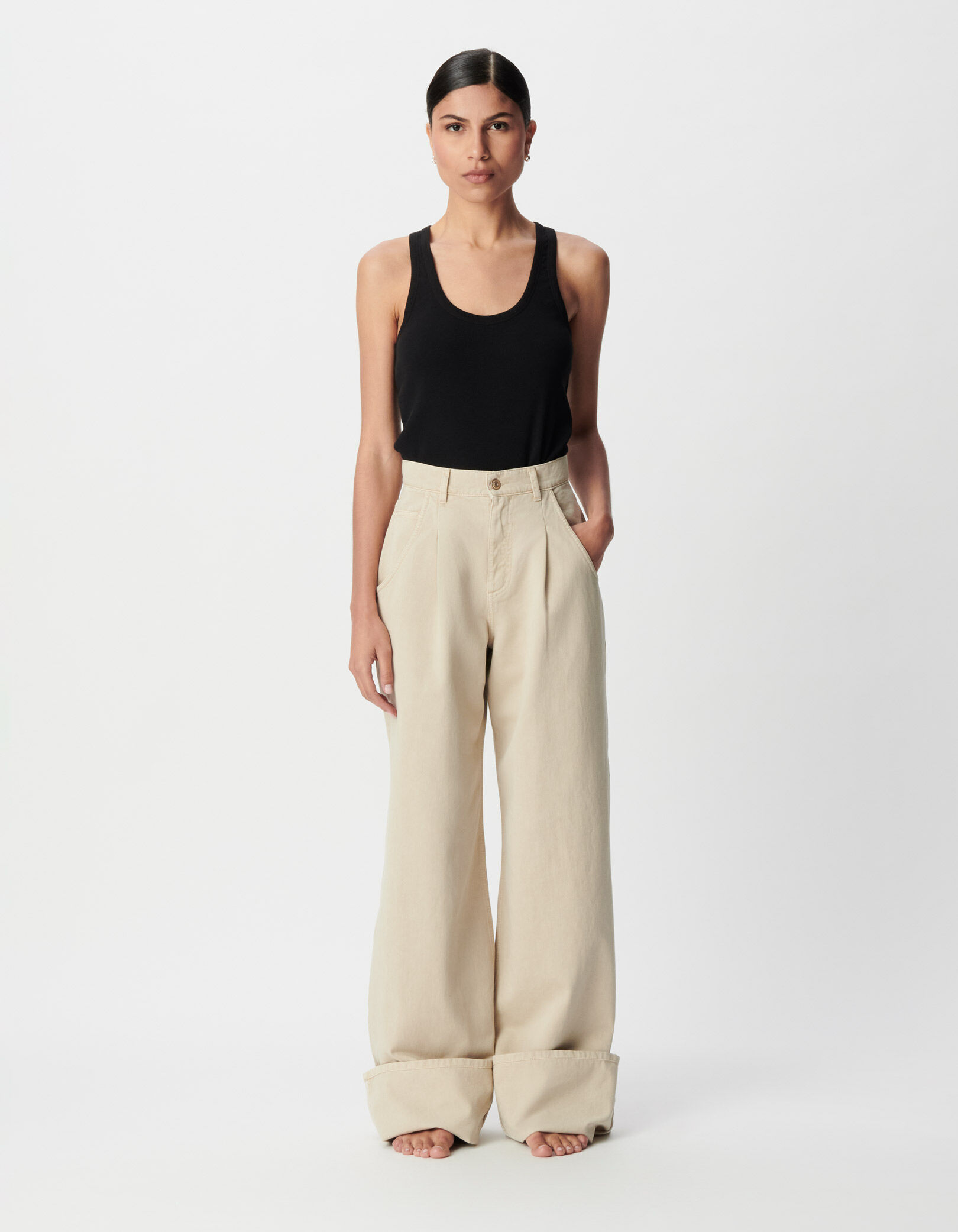 Jean large beige taille haute Femme