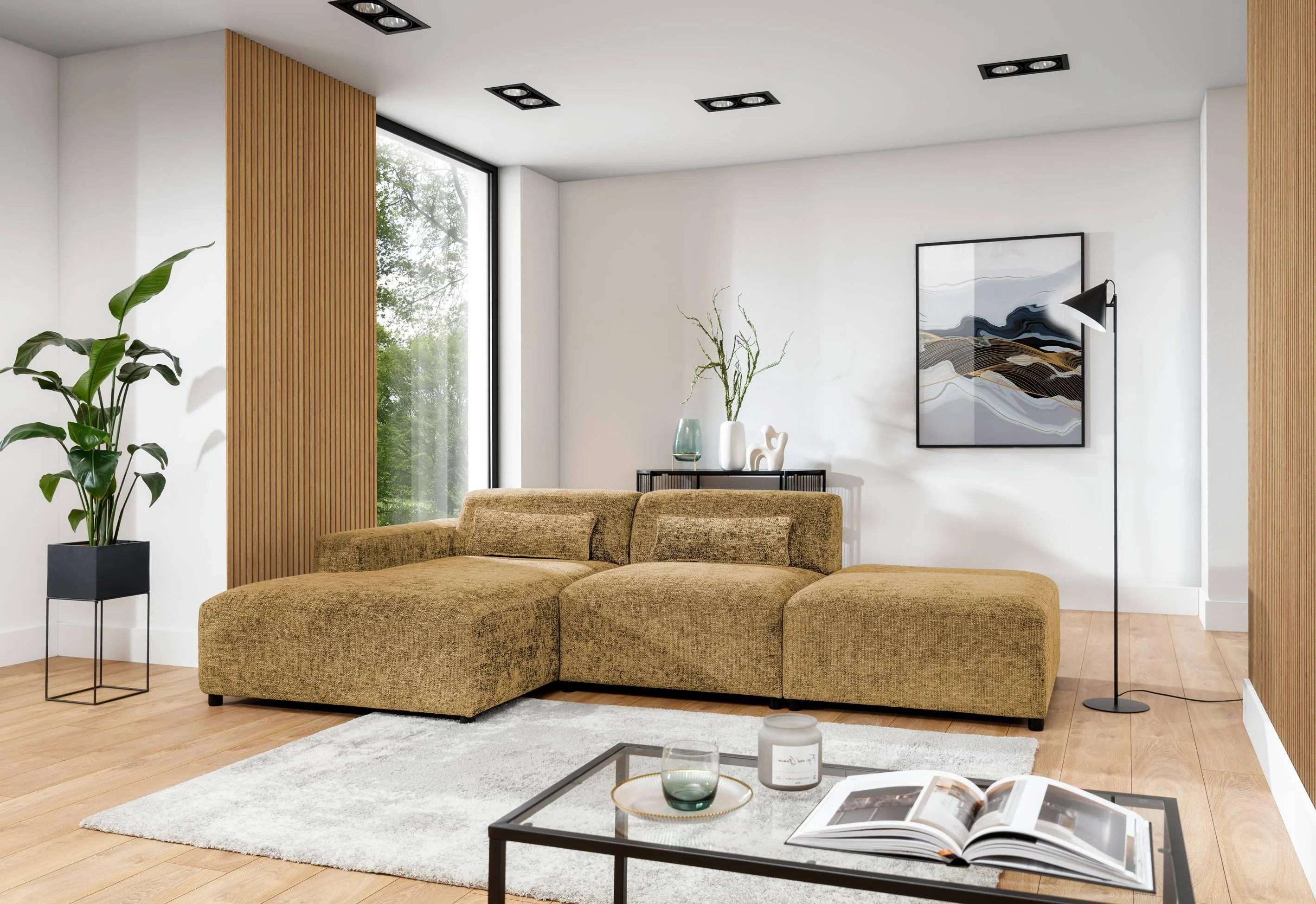 Hoekbank Rizza chenille links met hocker