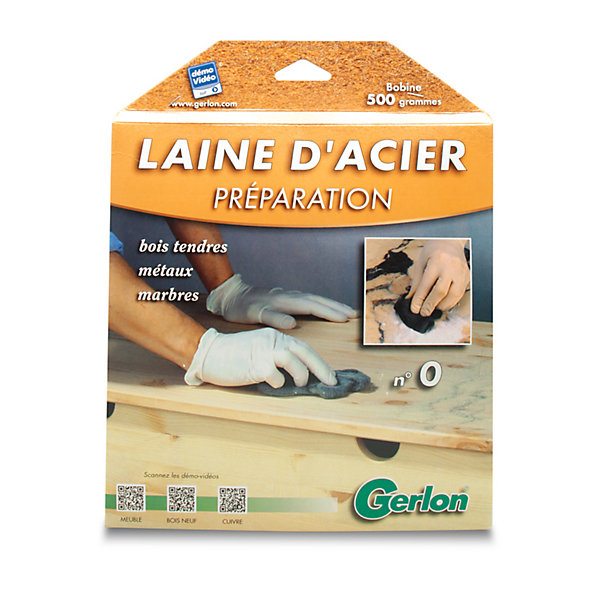 Laine d'acier n°0 bois tendres, métaux, marbres Gerlon 500g