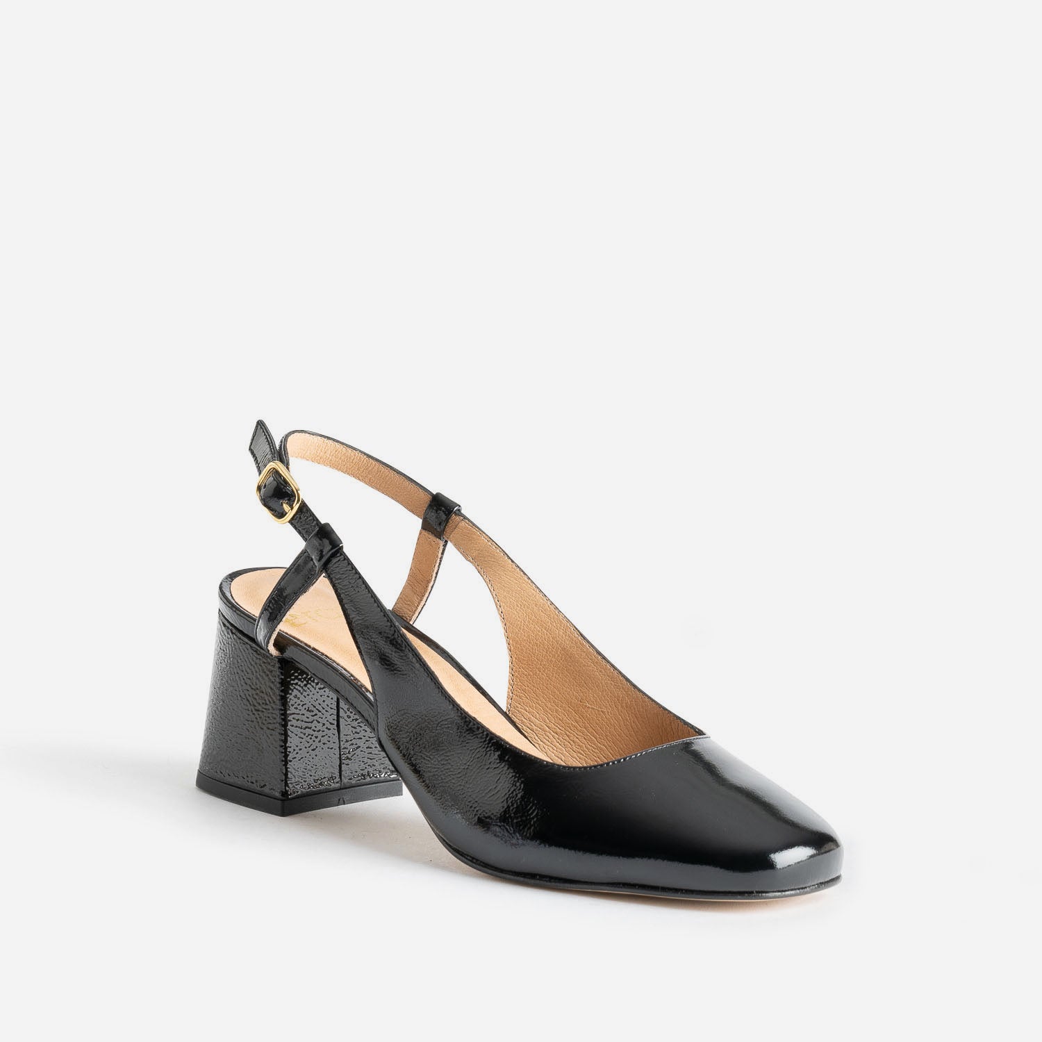 Escarpin slingback noir verni à bouts rapportés