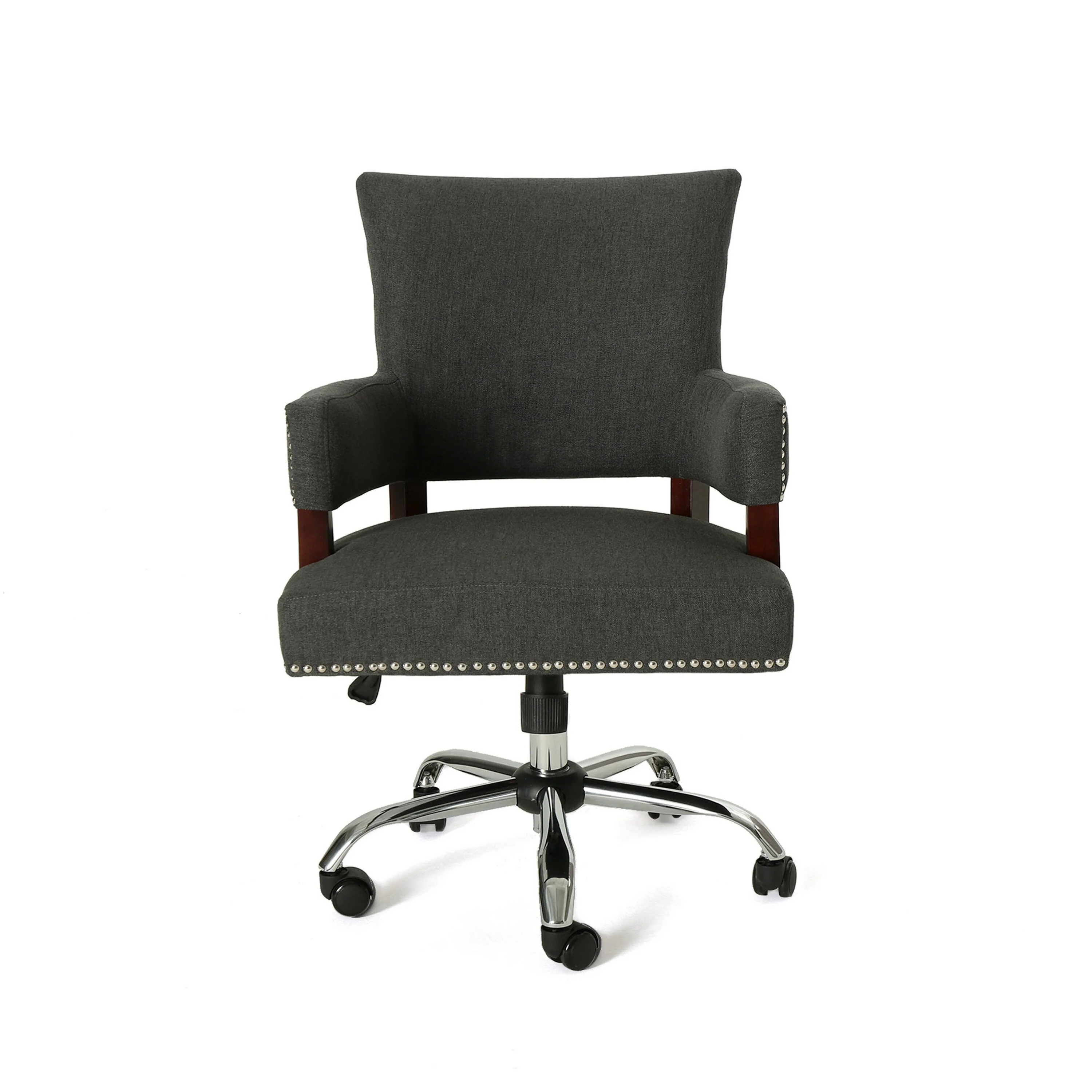 Lini Swivel Rolling Office Chair, Dark Gray Fabric, Nailhead Trim