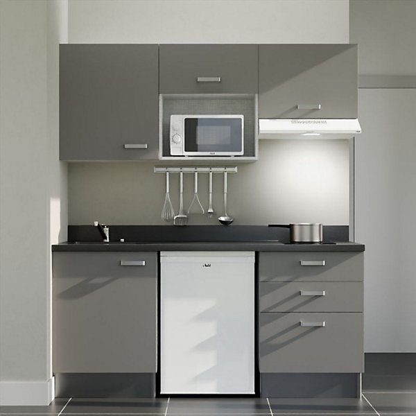 Kitchenette K20 - 180 cm - façades Gris - Plan monobloc en quartz coloris Nero évier à gauche - Electroménager Blanc