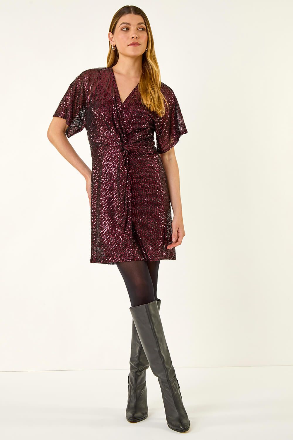 Roman Sequin Twist Front Stretch Dress