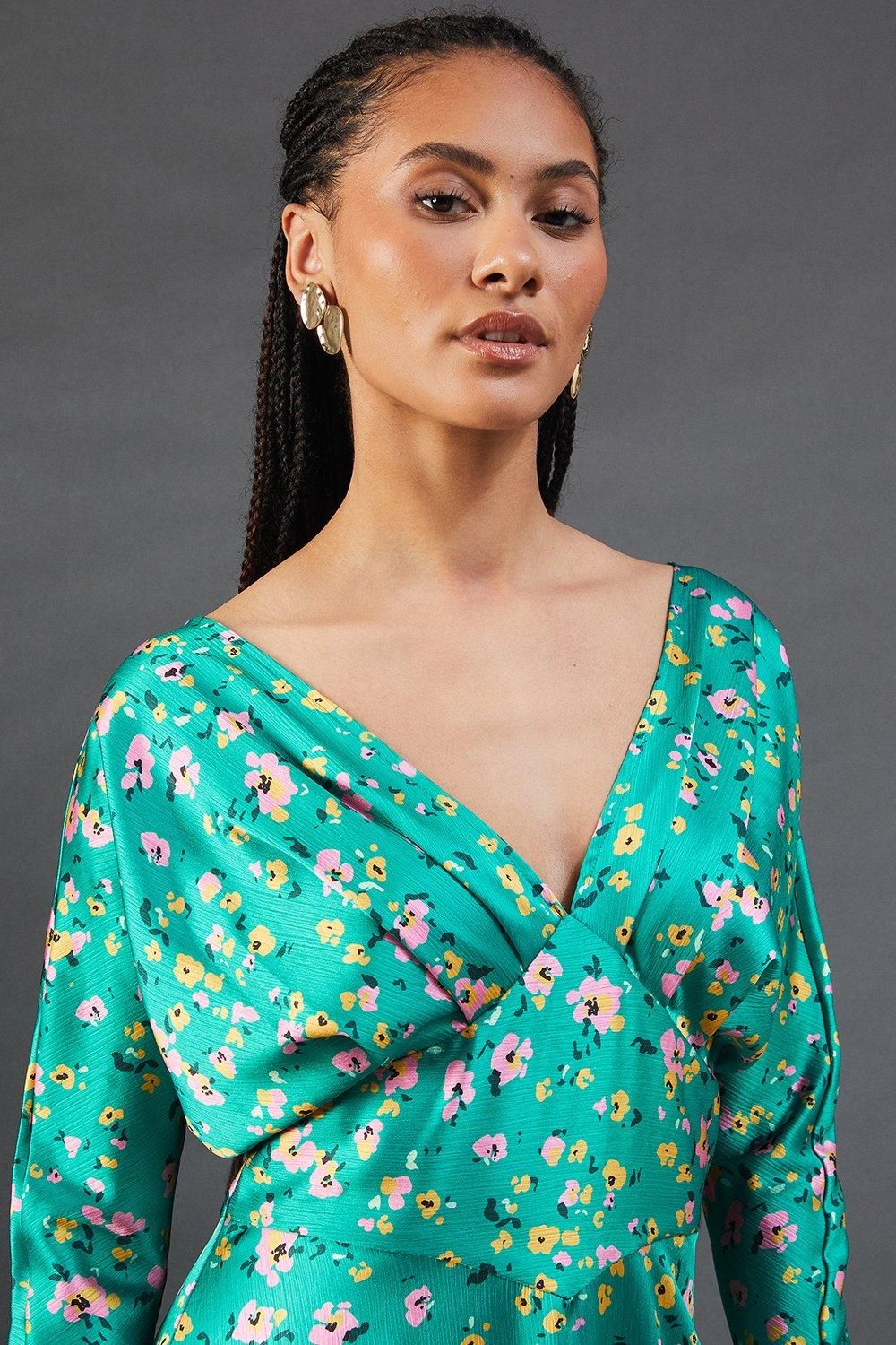 Warehouse Floral Satin Batwing Waisted Hanky Hem Midi Dress
