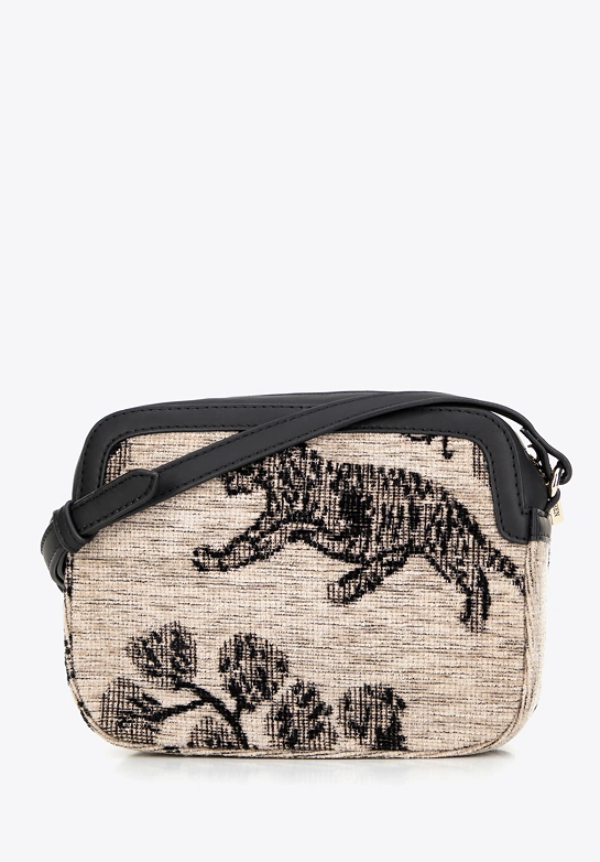Damska crossbody z żakardu i ekoskóry kremowo - czarna