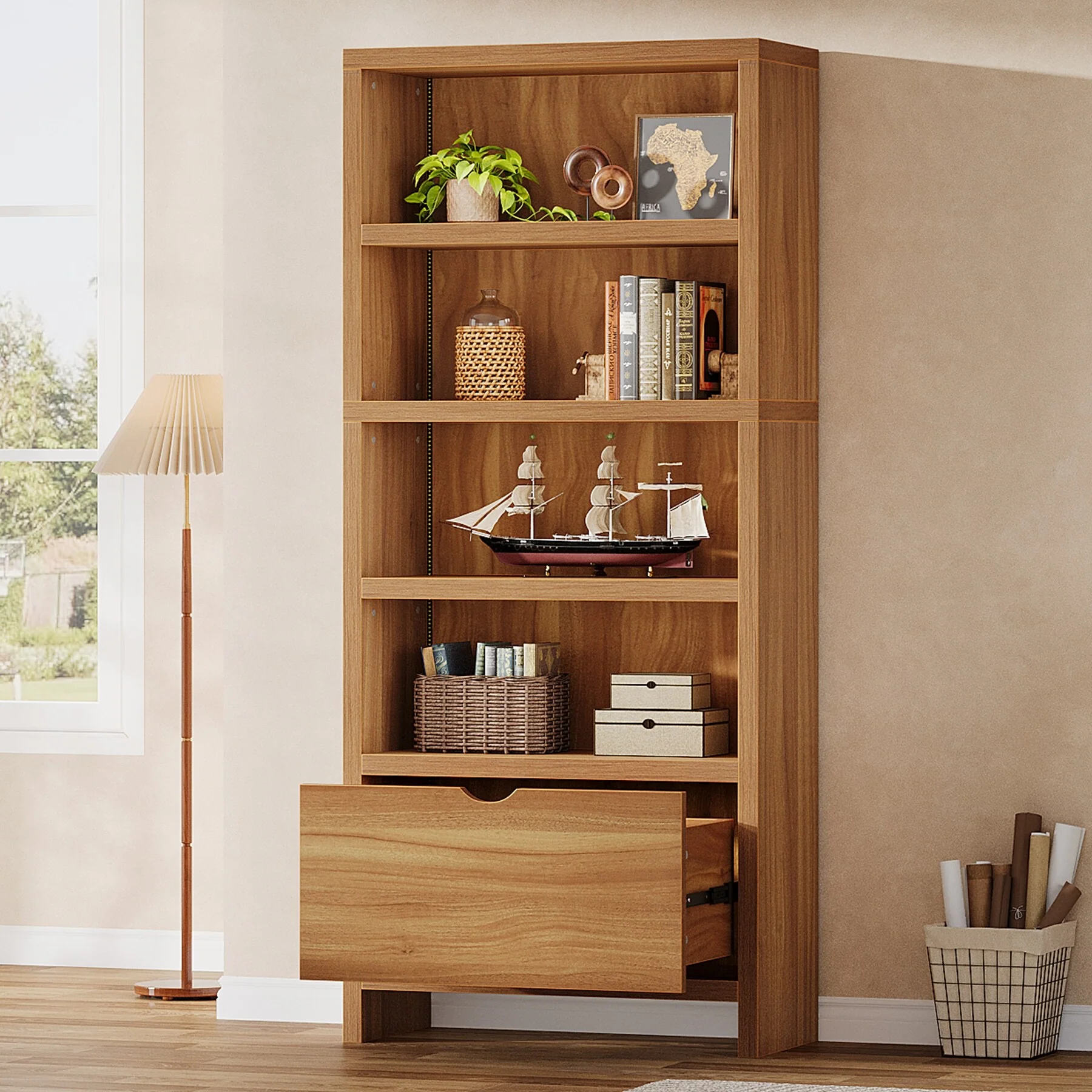 70.9 Tall Bookcase with File Drawer, 5-Tier Bookshelf with LED Lights