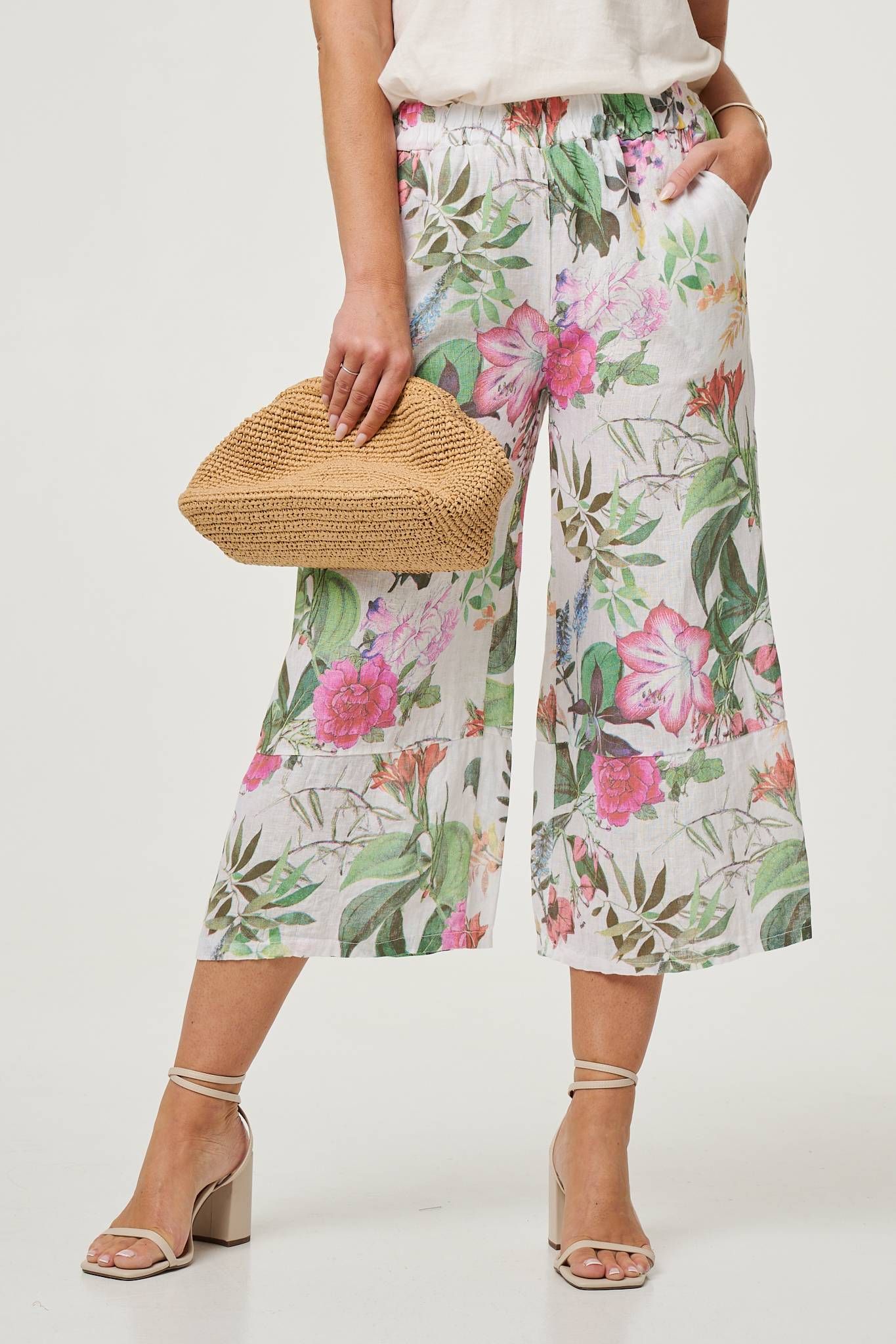 Izabel London Floral Stretchy High Waist Crop Trousers