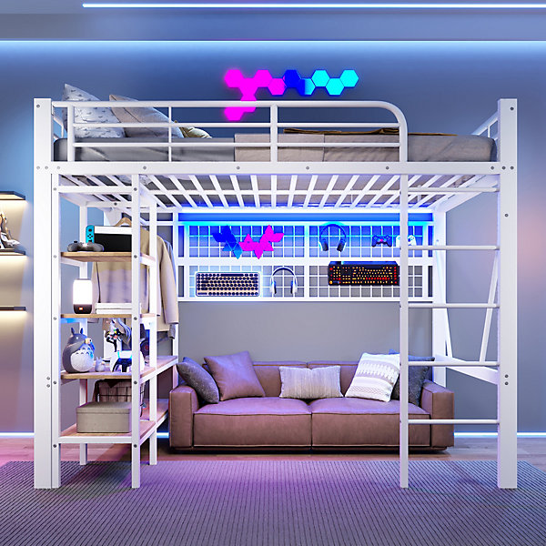 Lit Mezzanine 140x200 cm - LED Intégrée, étagères et Rangements avec Portant Vêtements, Espace Ouvert sous Lit, Métal/MDF, Blanc