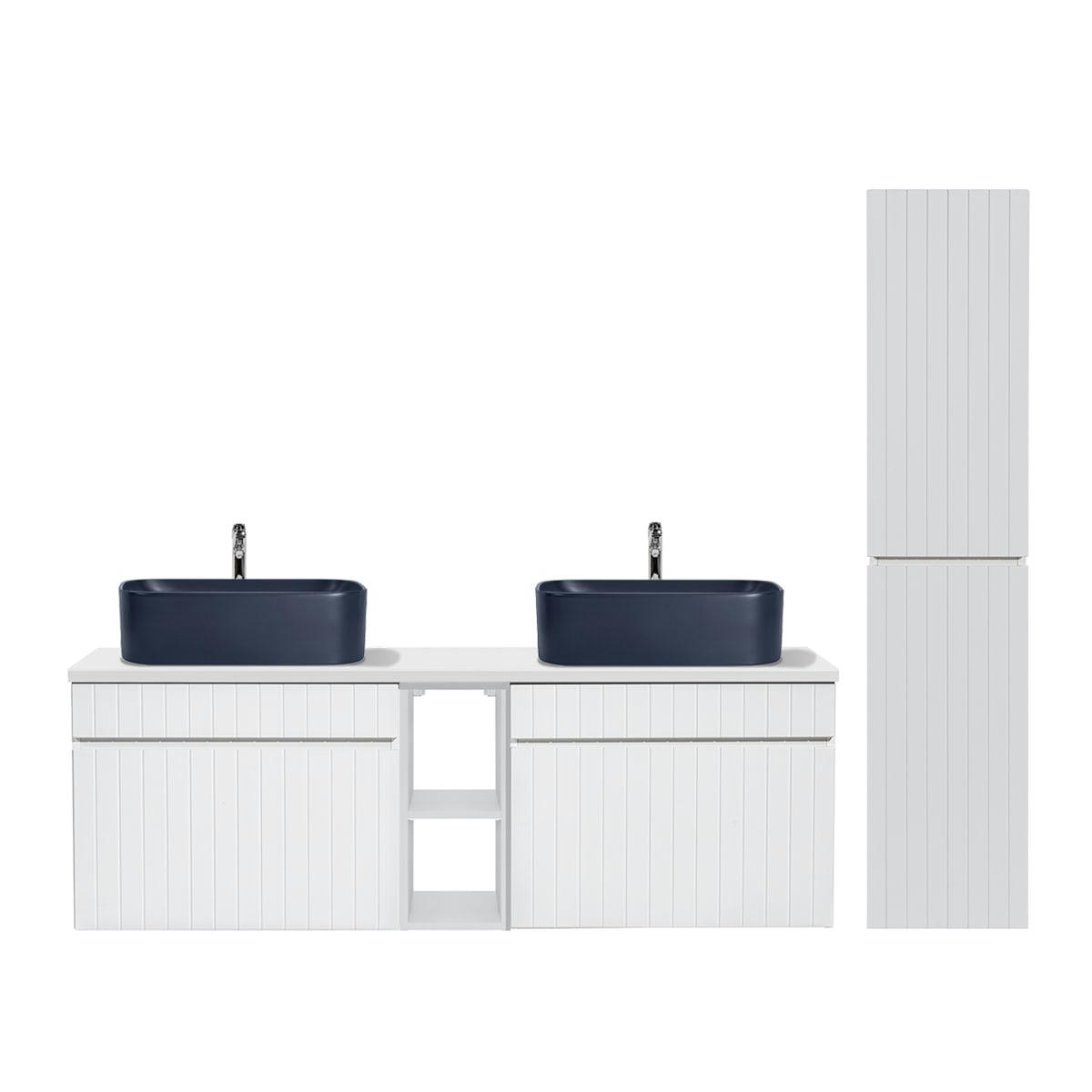 - Ensemble meuble double vasque 140cm et colonne stratifiés blanc