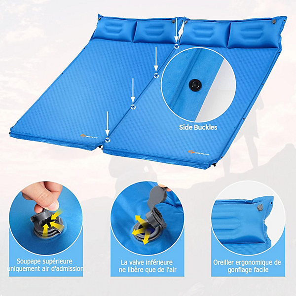 Matelas Camping Autogonflant 2 Personnes Matelas Gonflable 2 Personnes Connectable 2 Oreillers en U Bleu