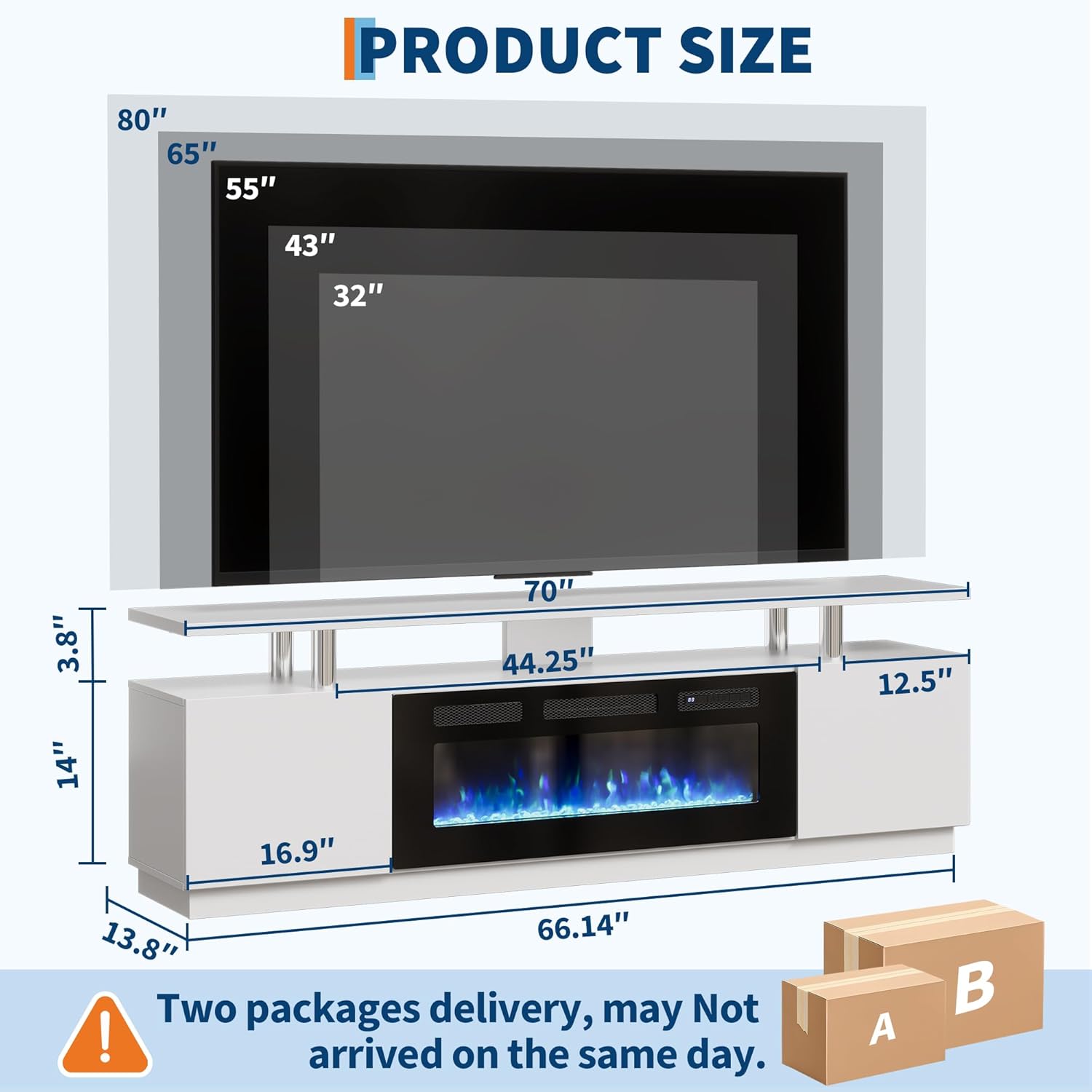 Led Fireplace TV Stand 70 in, Modern Electric Fireplace TV Stand with Cabinets, 2 Tier TVStand with 36 in Fireplaces, Entertainment Center with Fireplaces for TVs Up to 80
