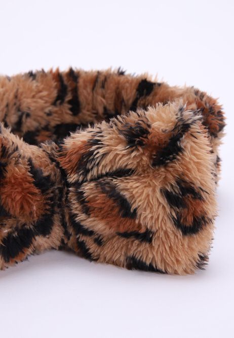 Womens Brown Animal Print Fluffy Bow Headband