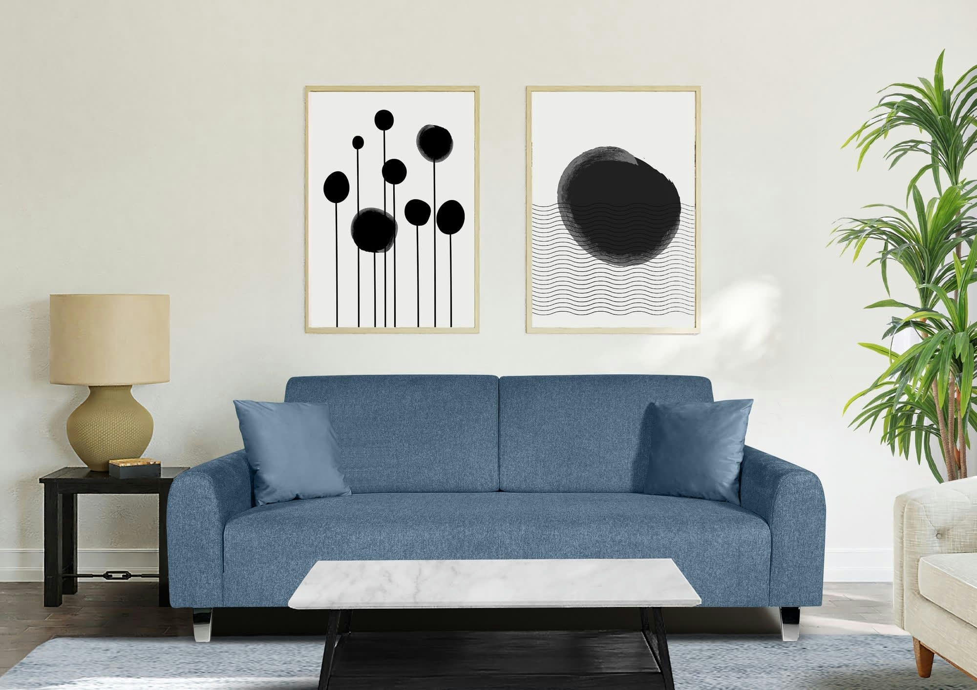 ELIJAH - Canapé fixe 3 places  en tissu bleu