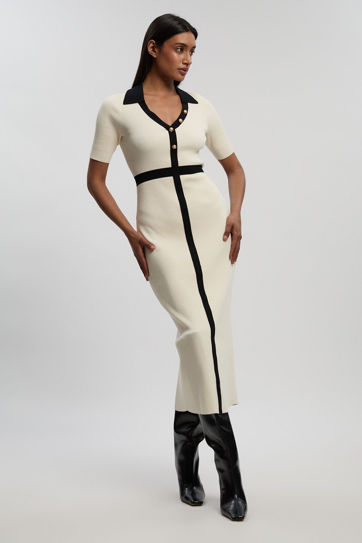 KarenMillen Knit Rib With Contrast Waist Detail Collared Short Sleeve Midi Dress