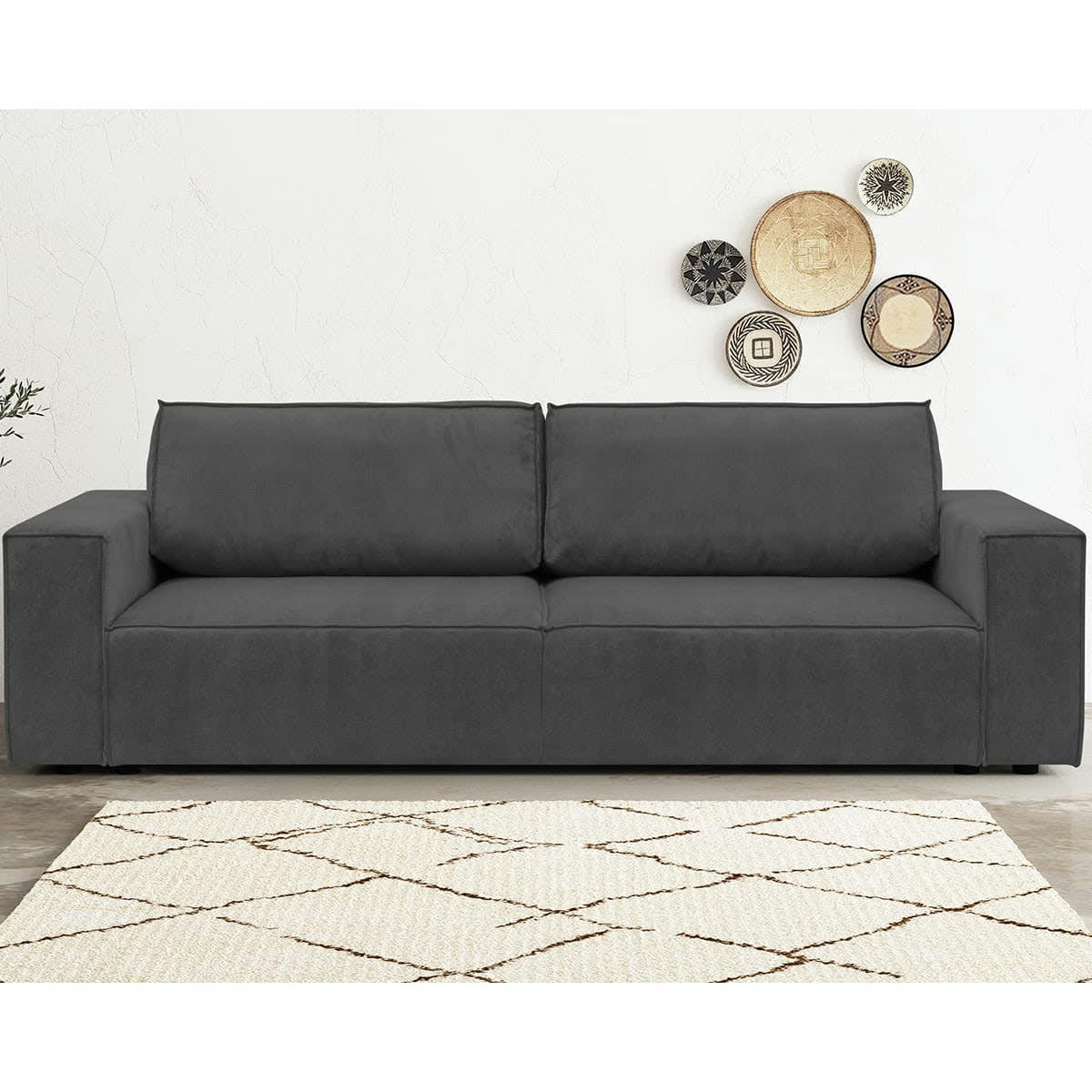 HARPER NEW - Canapé 3 places convertible + coffre en velours fines côtes anthracite