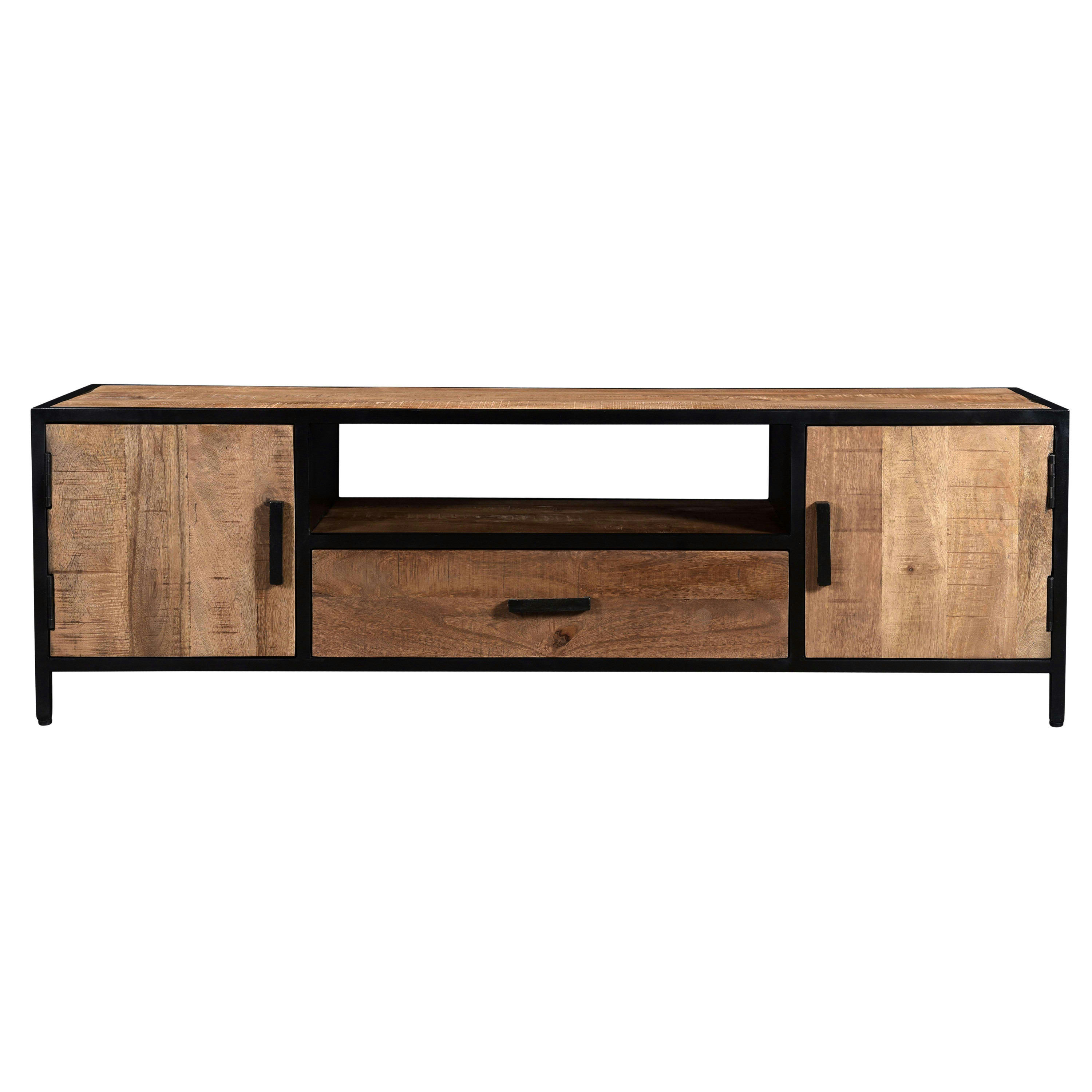 ANGLET - ANGLET-Meuble TV 2 portes 1 tiroir, bois de Manguier massif et métal