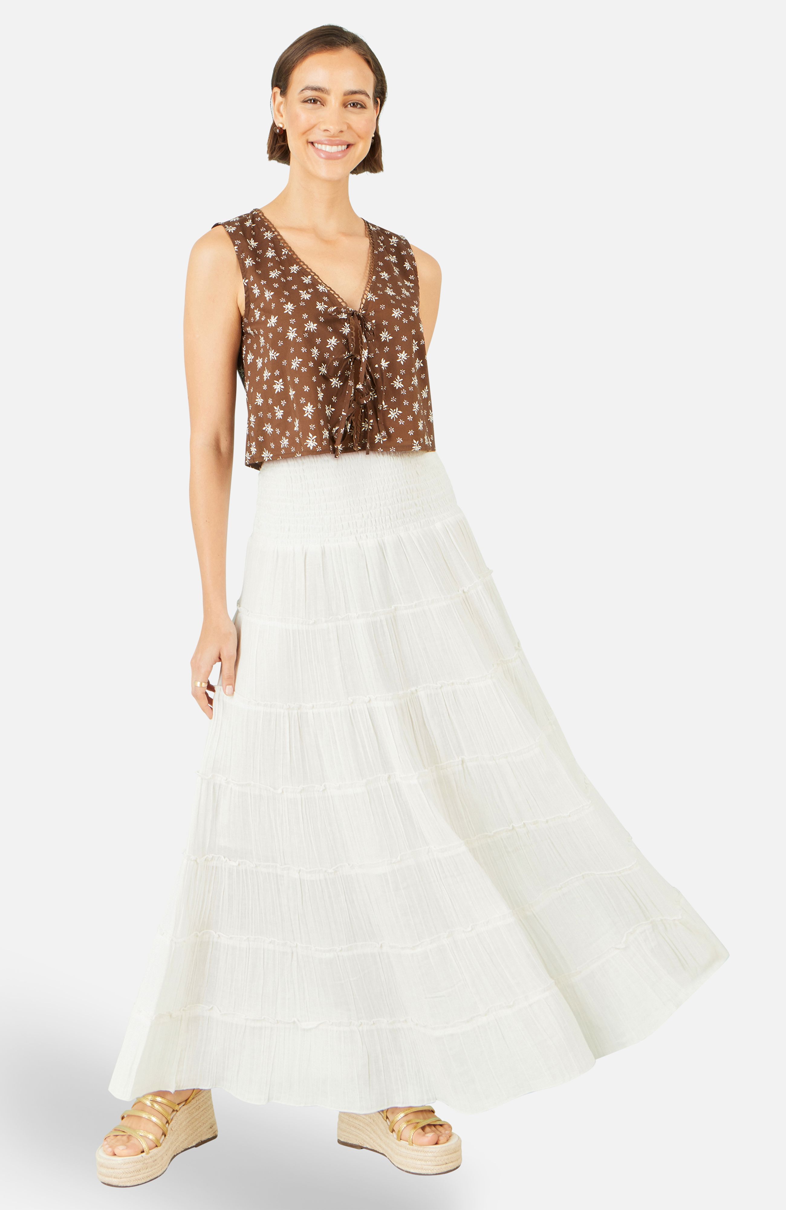 Yumi White Double Cotton Tiered Boho Maxi Skirt