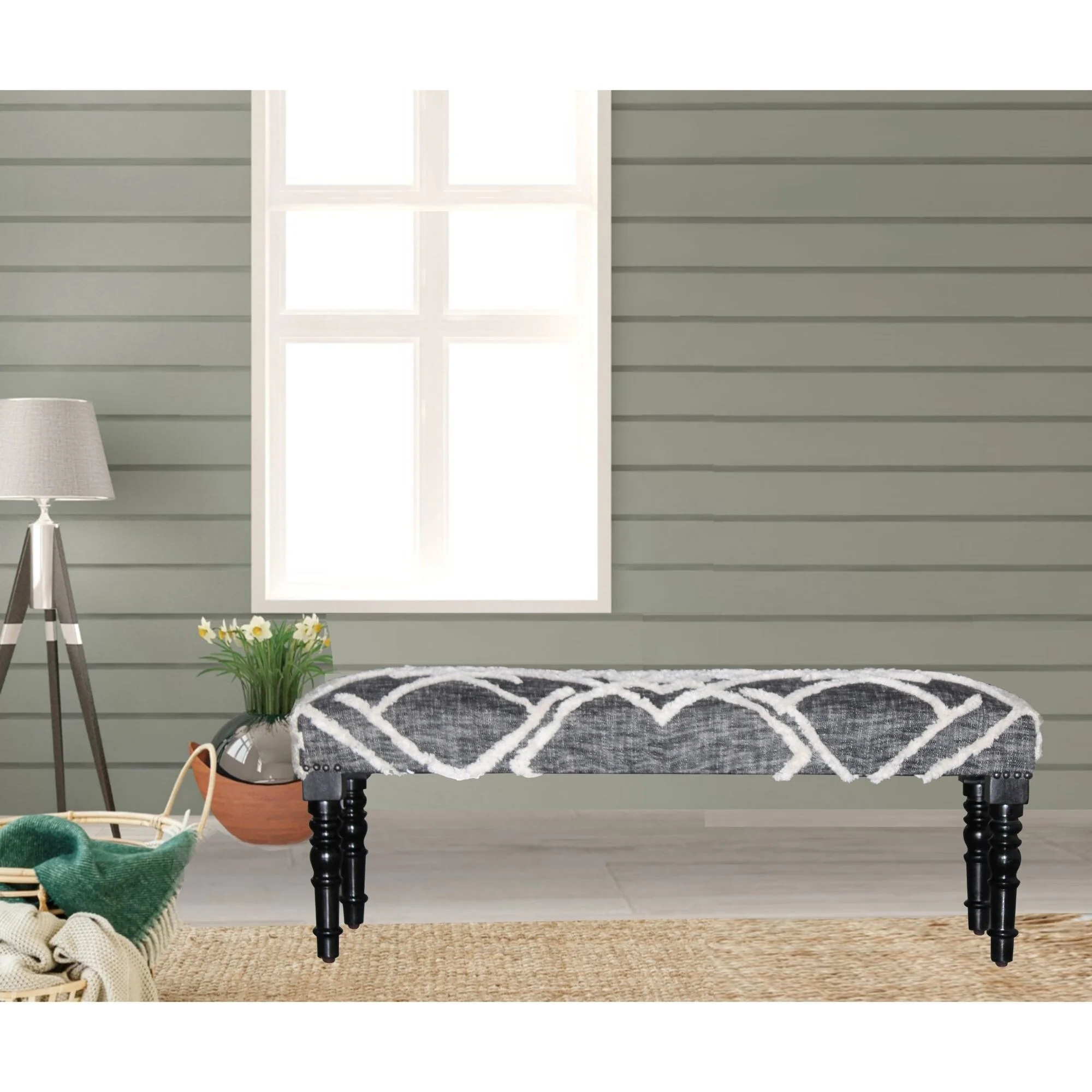 47 Gray and White Geometric Tufted Rectangular Bench