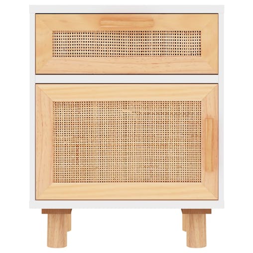 NNEVL Bedside Cabinets 2 pcs White Solid Wood Pine and Natural Rattan