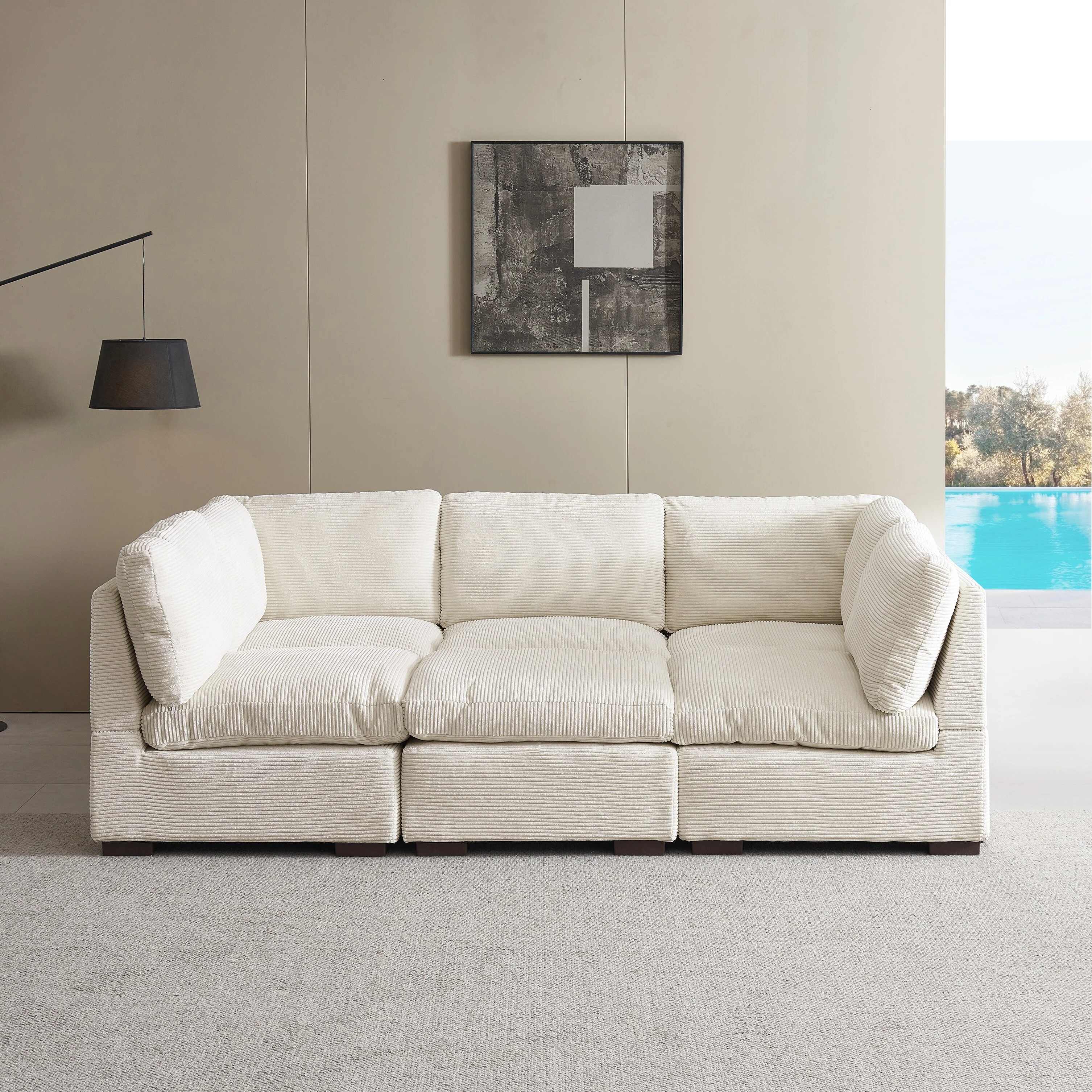 Beige 129'' Luxurious 6-Seat Modular Sofa with Convertible Chaise and Quality Corduroy Upholstery