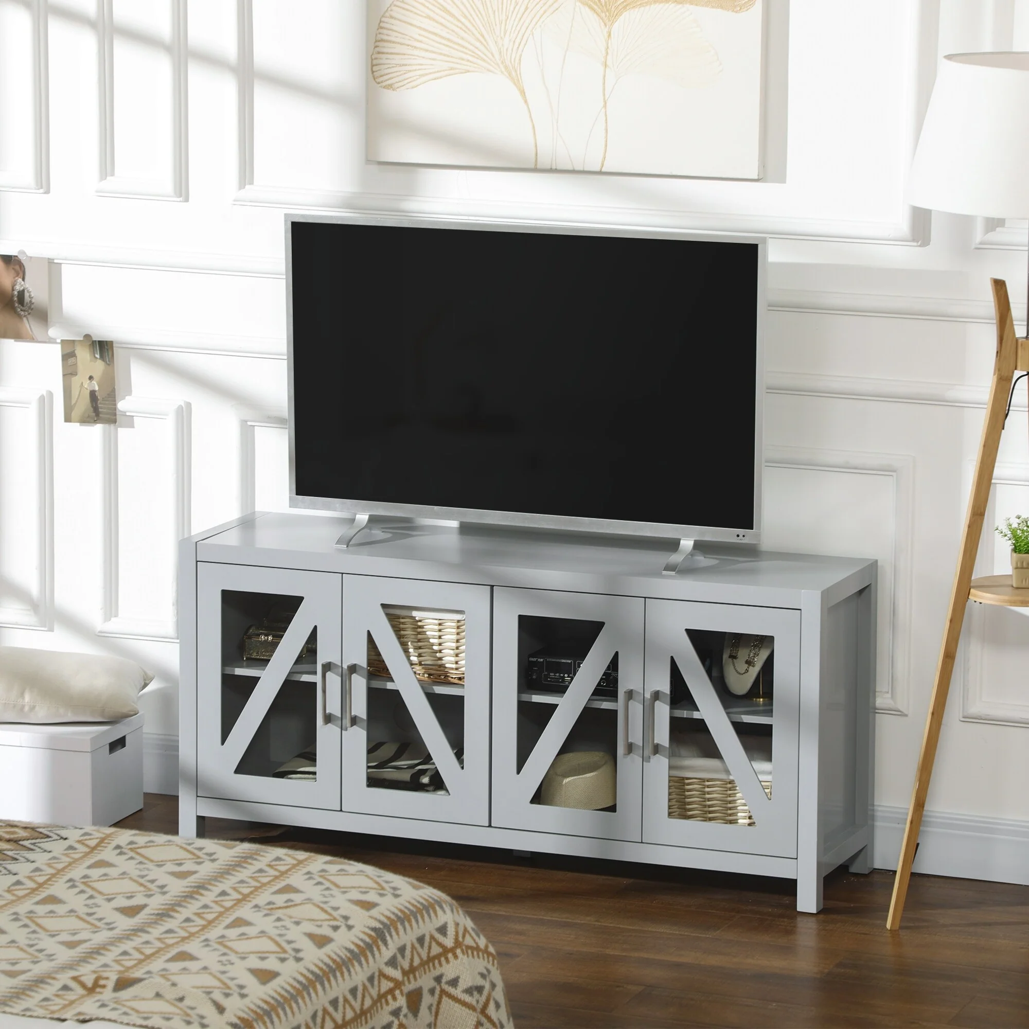 Gray 51.3 TV Stand with Adjustable Shelves, 4 Glass Doors and 4 Cable Holes for TVs Up to 58