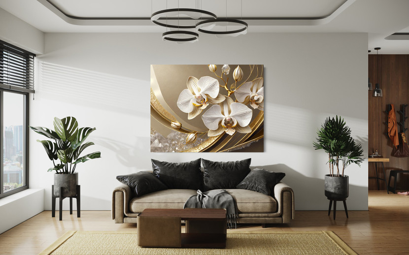 Feeby Obraz na płótnie, Złota Orchidea Kwiat 3D 60x40