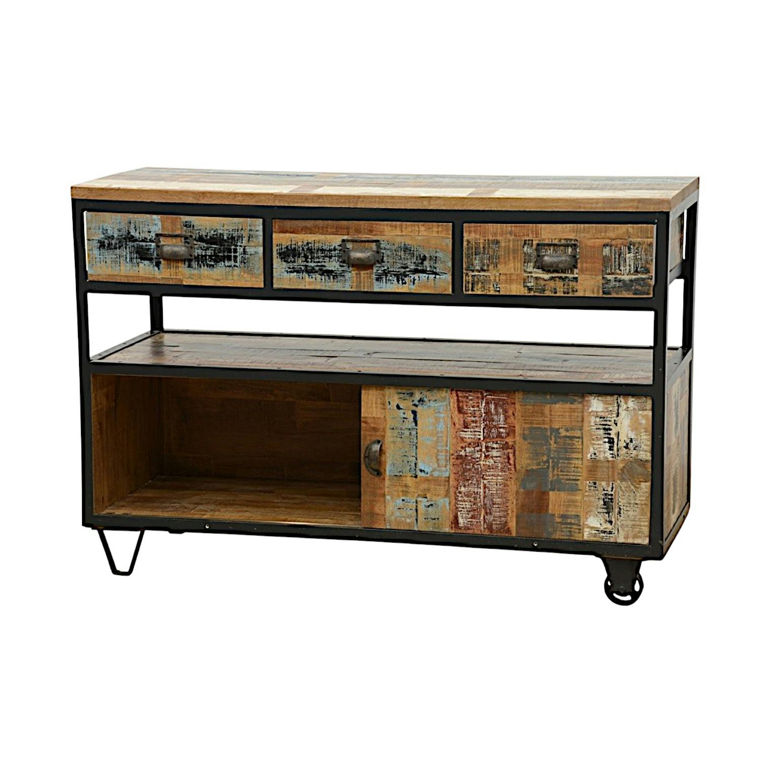 Buffet à roulettes 3 tiroirs, 1 porte coulissante, 1 niche ouverte en Hévéa recyclé coloré et métal 120x45x80cm LOFT COLORS