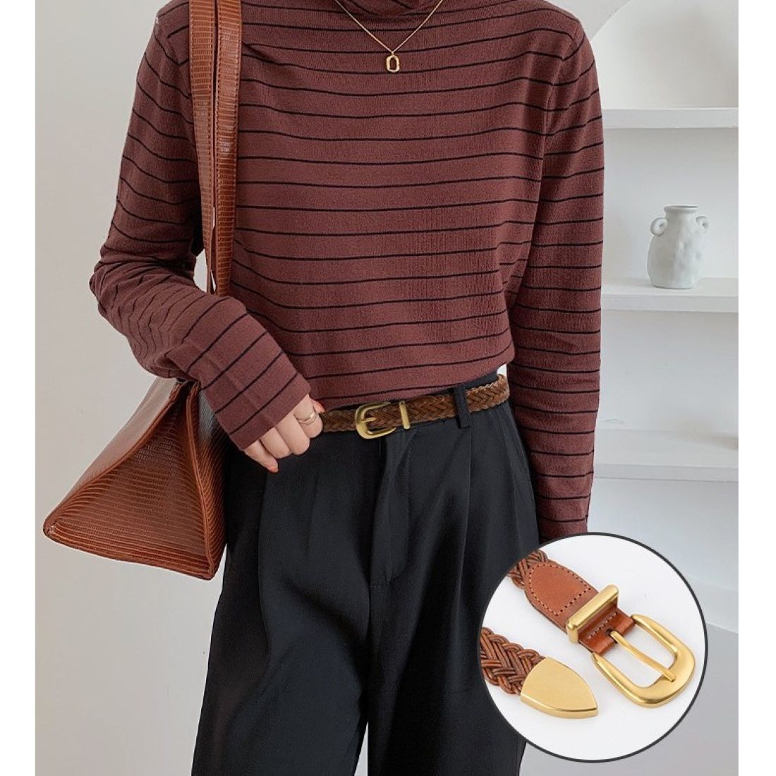PEACH ACCESSORIES Solid Brass and Braided Faux Leather Belt