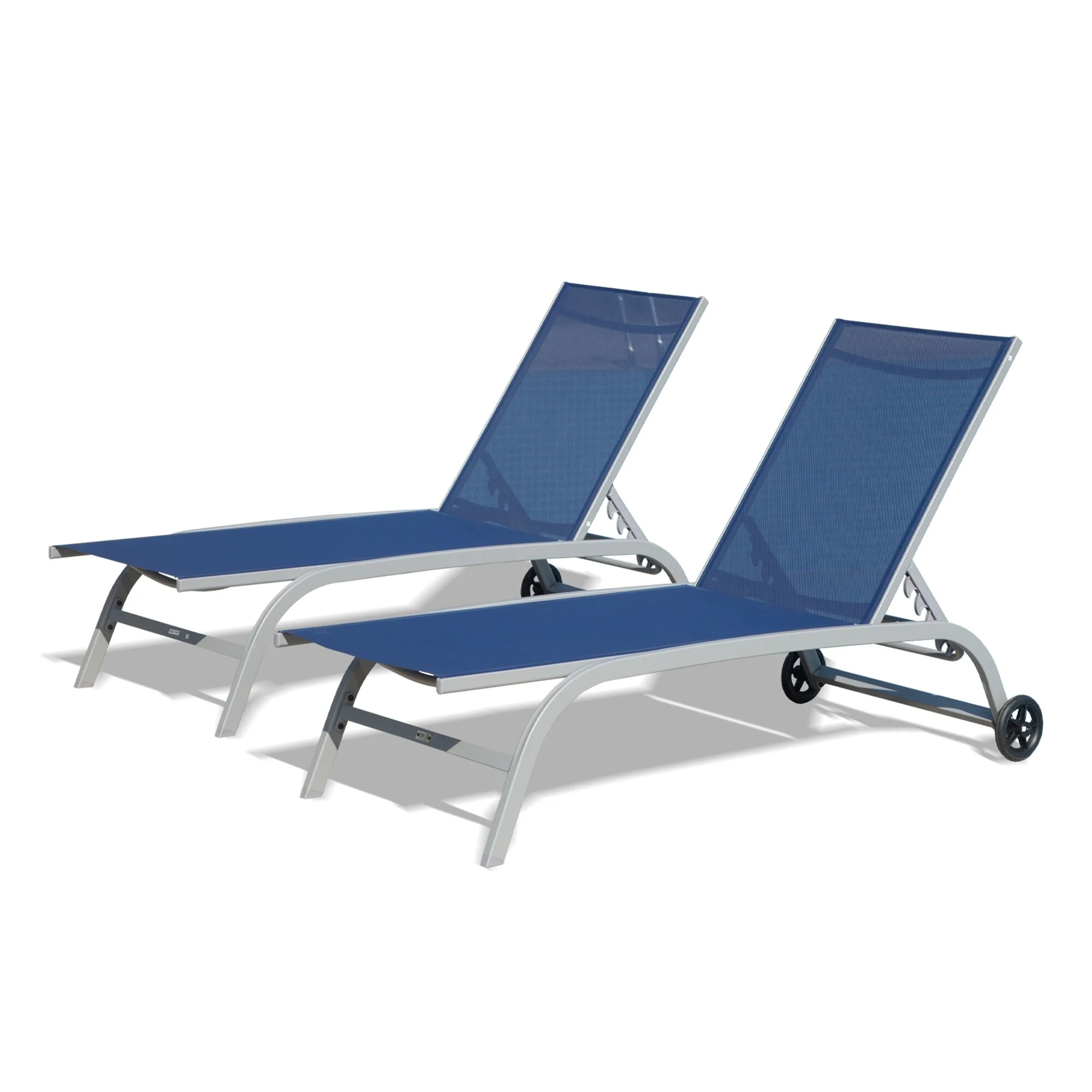 5-Position Adjustable Outdoor Lounge Chair Set of 2, Rust-resistant Reclining Chairs with Wheels and Breathable Fabric