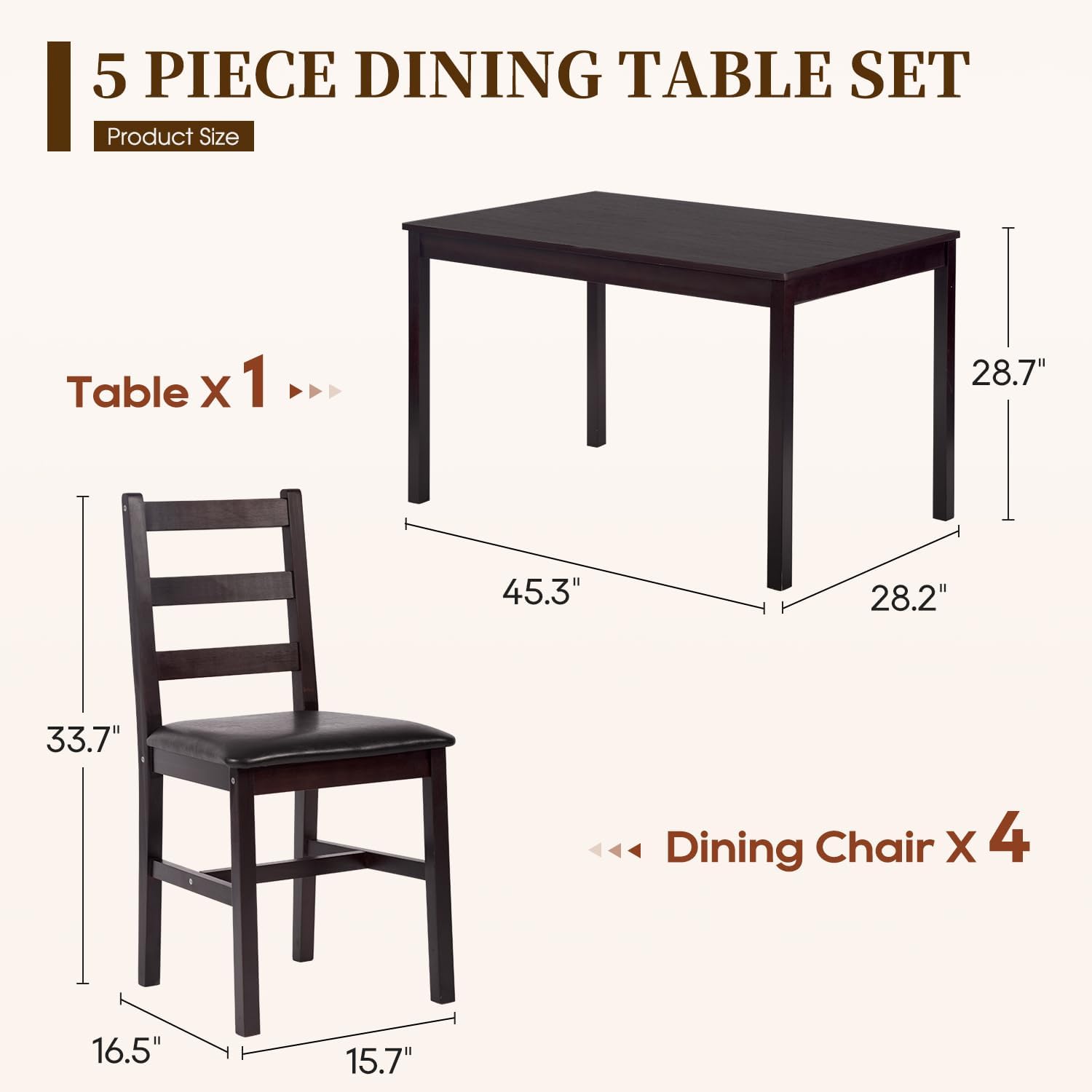 FDW | 5-Piece Solid Wood Dining Table Set for 4 | Brown | Space-Saving Design | Smooth Easy-to-Clean Surface | Pine Kitchen Table with Upholstered Chairs | for Dining Room, Apartment, Restaurant