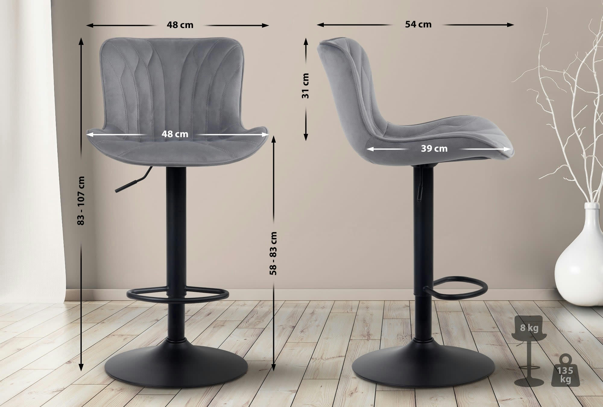 LINUS - Tabouret de bar ajustable pivotant velours Gris foncé