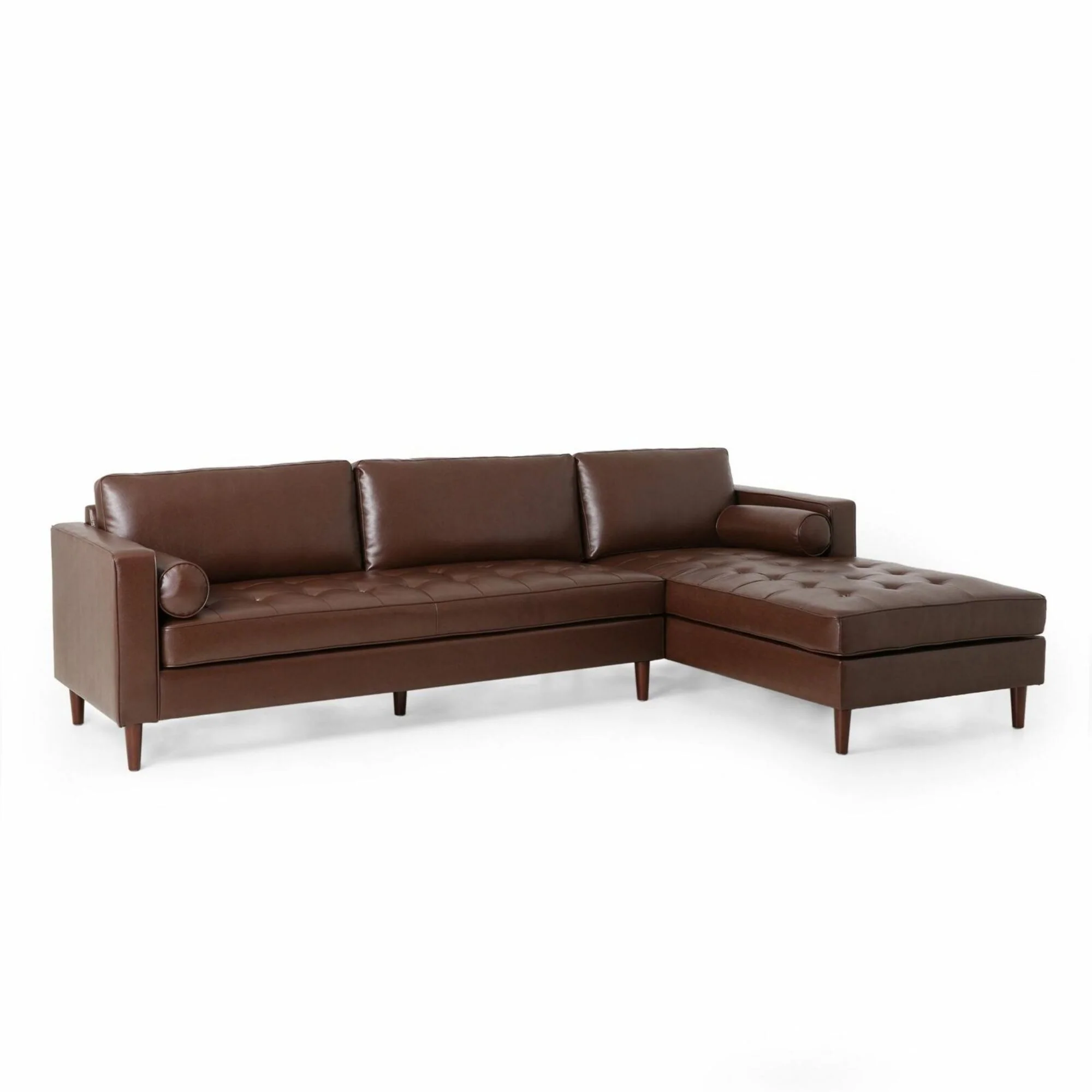 Contemporary Chaise Sectional Sofa with Button Tufting and Waffle Stitching and Bolster Pillows for Living Rooms