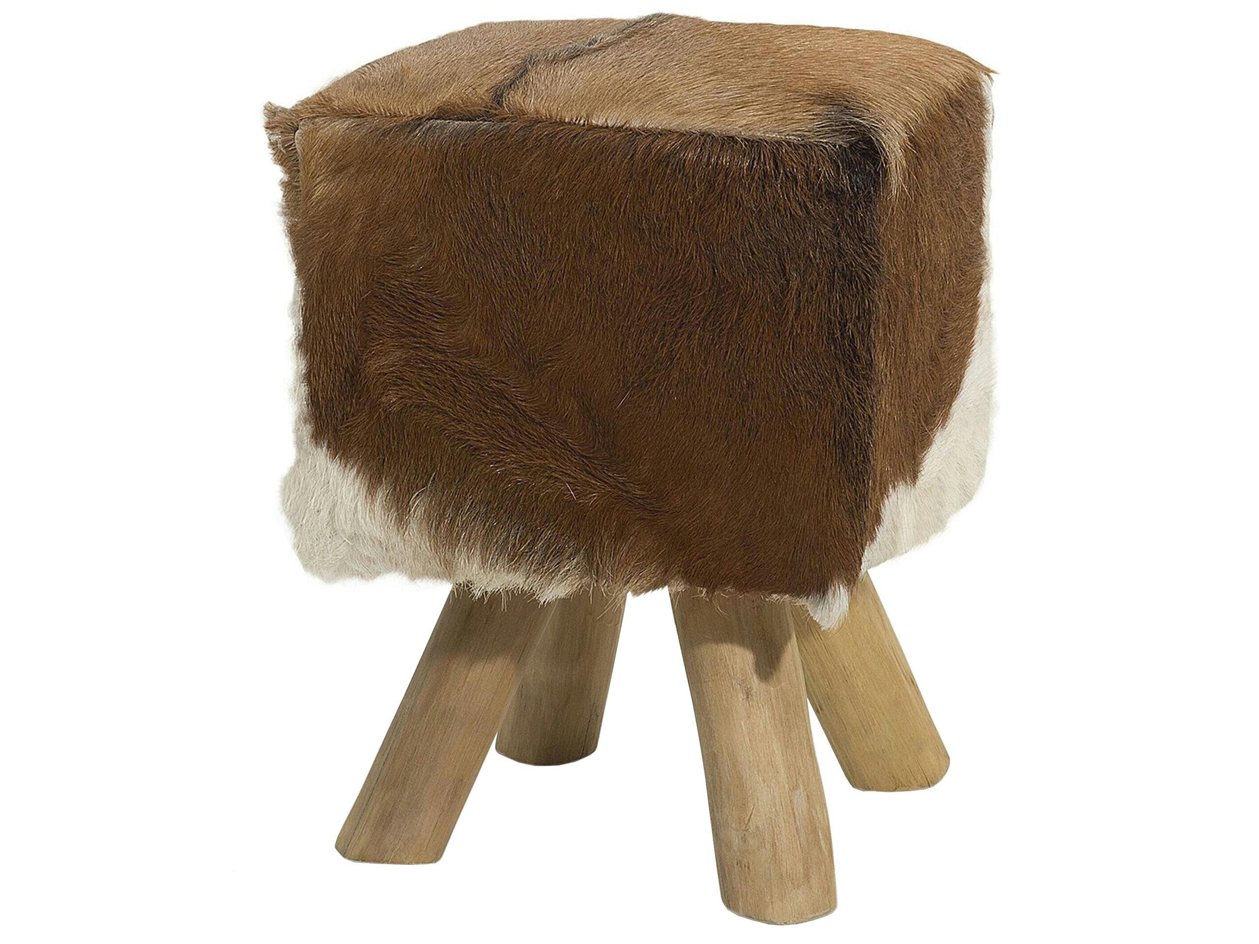 DALTON - Tabouret en teck et peau de chèvre blanc et brun