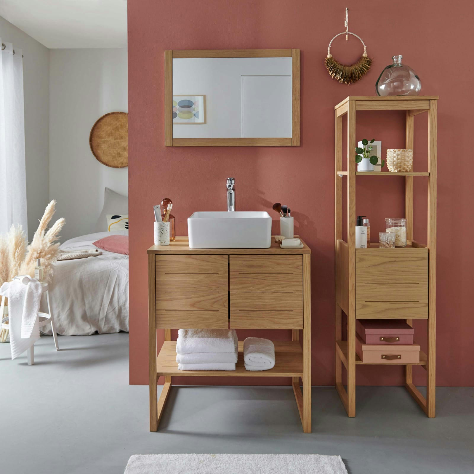 ATOLL - Meuble sous vasque plaqué chêne naturel  70cm+vasque+miroir carré+co