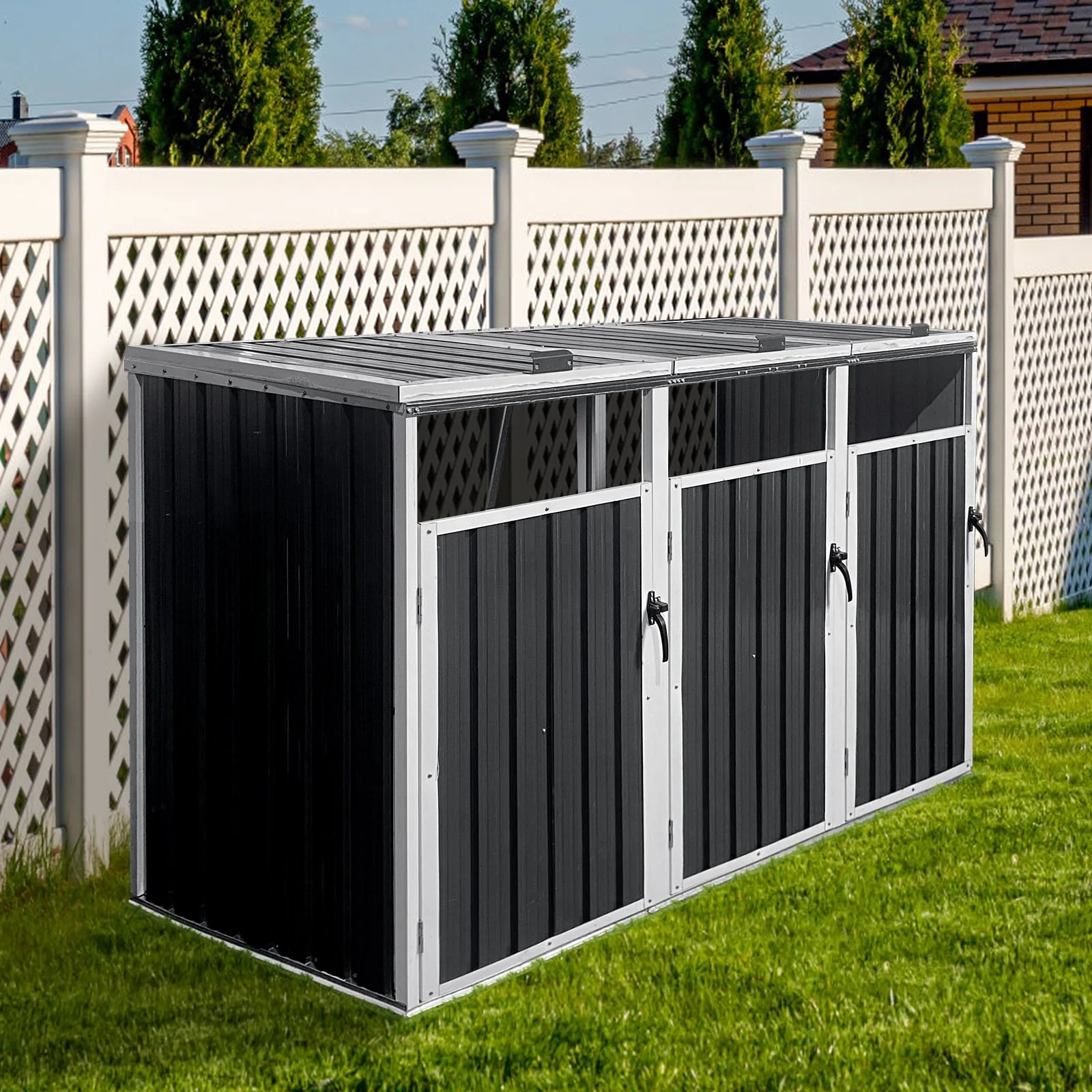 GDFStudio - Garrett Mason Garbage Bin Shed for 3 Trash Cans, Metal Outdoor Storage