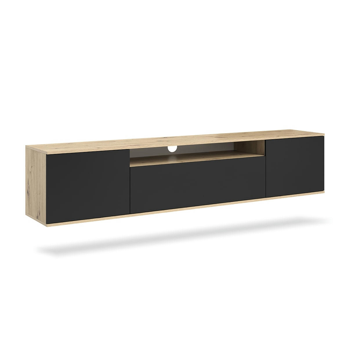 - Meuble TV mural 3 portes 180 cm stratifiés naturel et noir