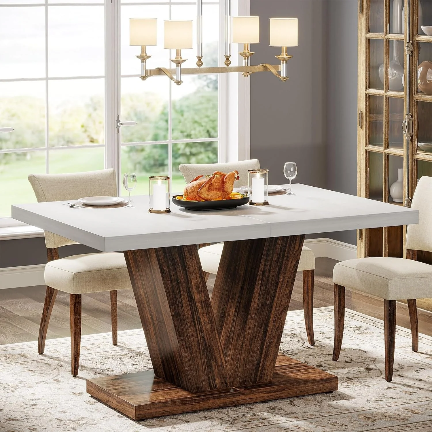 47-Inch Farmhouse Wood Small Dining Table for 4 with Heavy Duty Pedestal - N/A