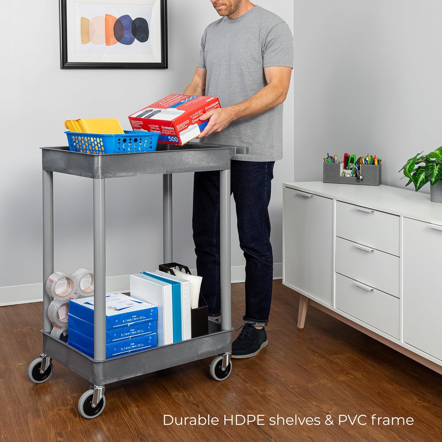 Stand Steady Tubstr Compact 2 Shelf Utility Cart | Made in USA | Space-Saving Tub Cart Holds Up to 300 lbs | Storage & Rolling Tool Cart for School, Office, Garage & Warehouse (24 x 18in / Gray)