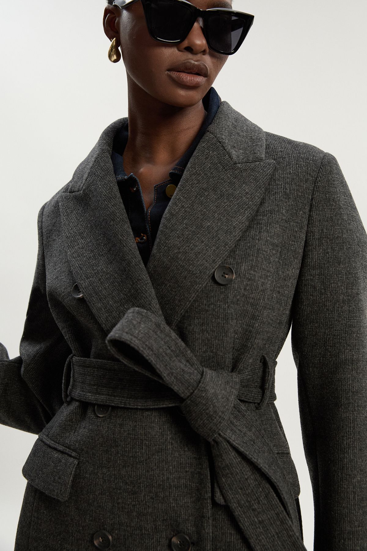 KarenMillen Brushed Wool Check Double Breasted Belted Tailored Maxi Coat