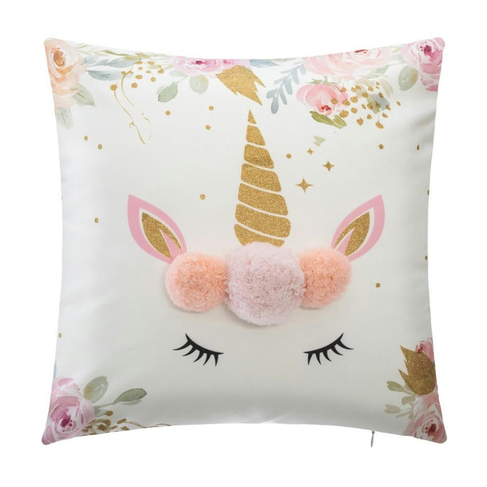 - Coussin licorne à pompons polyester blanc 40x40cm