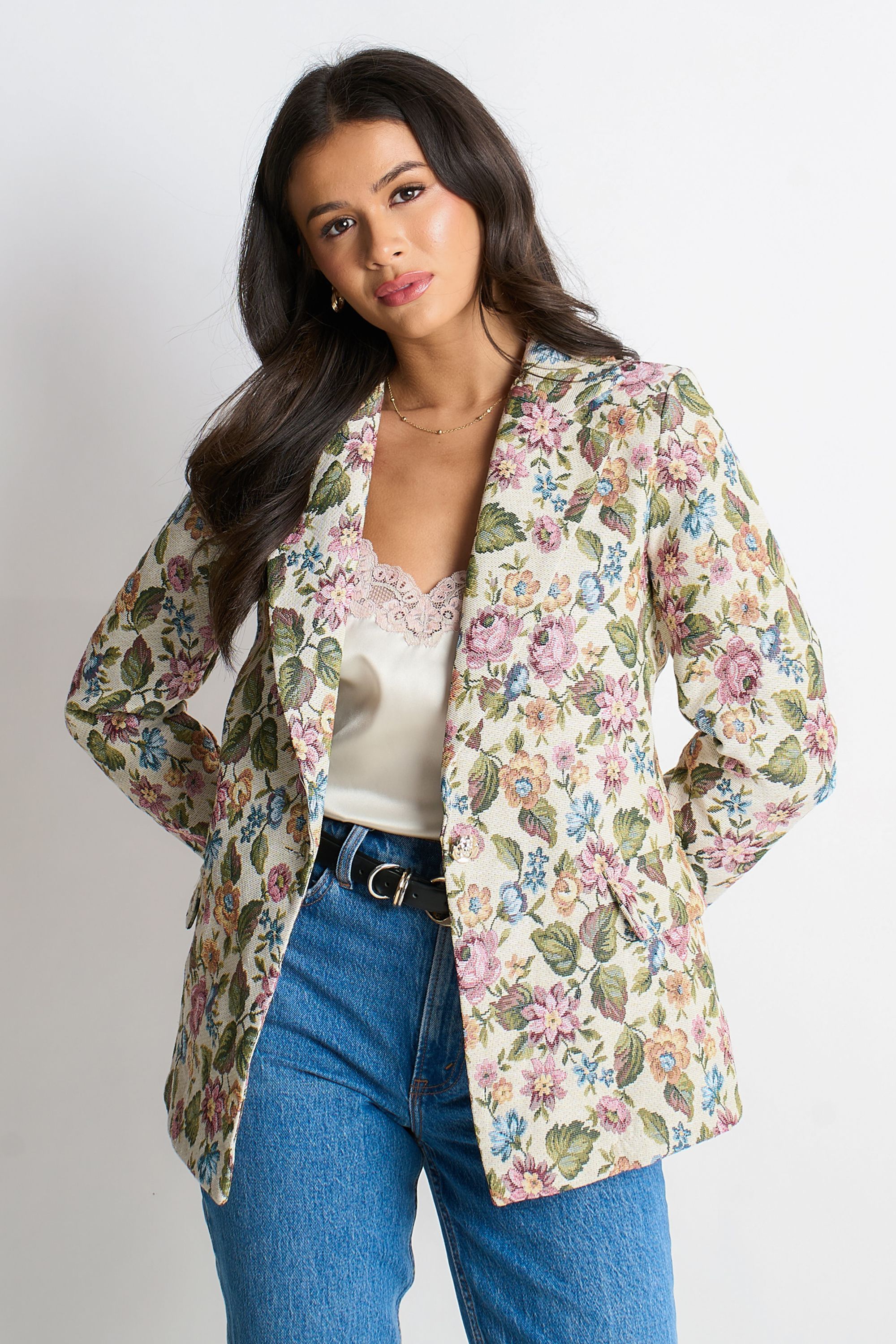 Gini London Beige Floral Jacquard Tailored Jacket