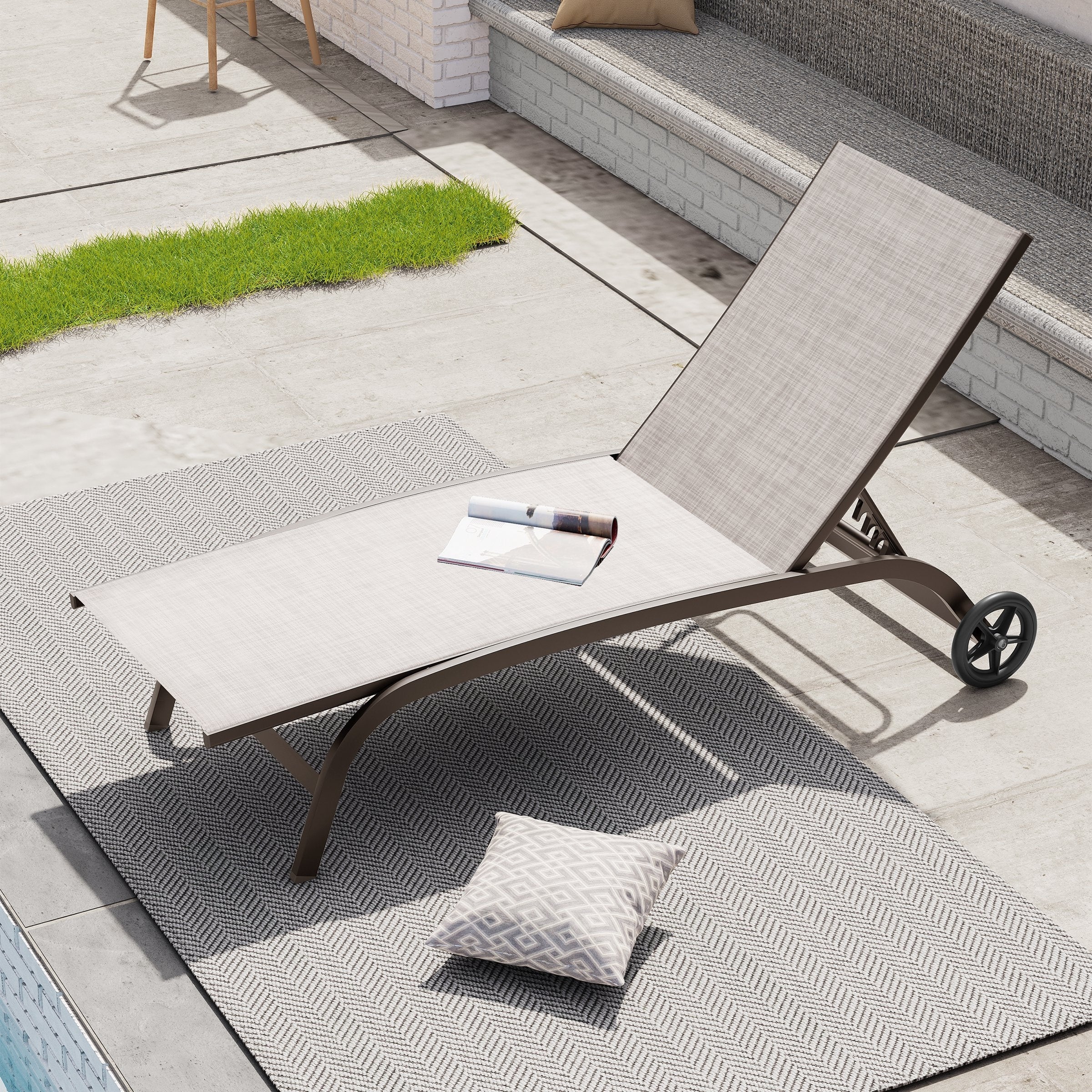 Outdoor Chaise Lounge Chair Pool Lounger with Adjustable Back and Wheels
