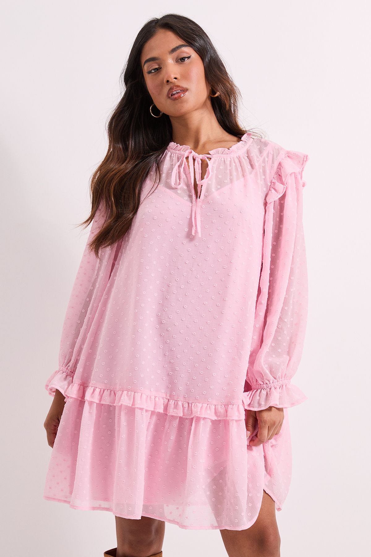 Dorothy Perkins Petite Tiered Hem Tie Neck Shift Dress