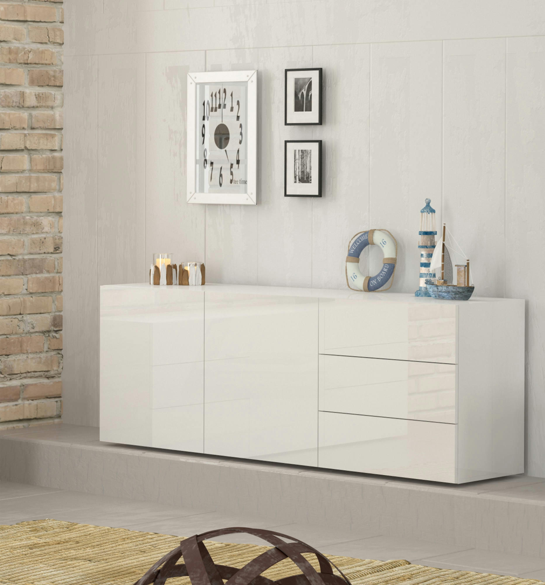 - Buffet à 2 portes effet bois blanc brillant