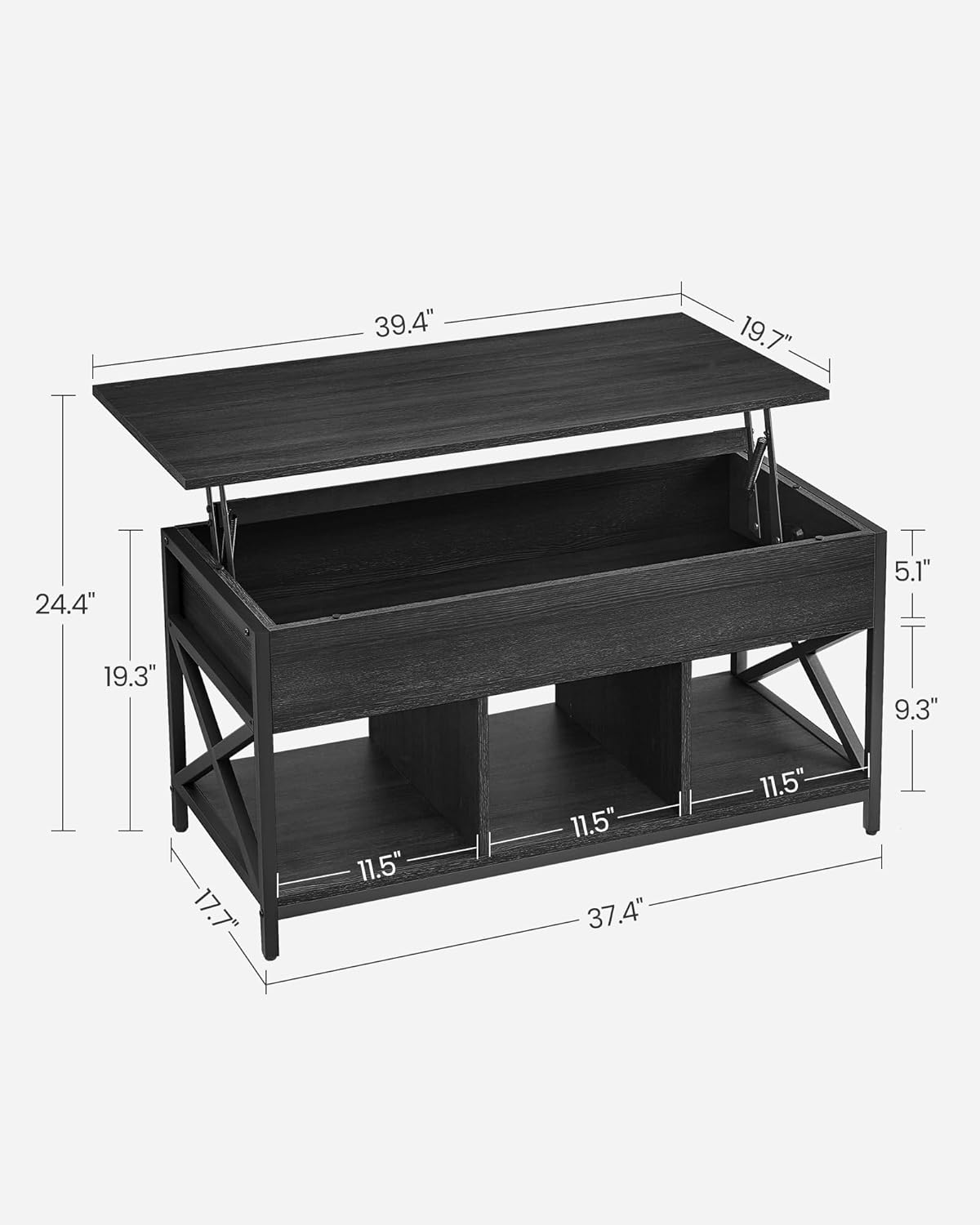 VASAGLE Lift Top Coffee Table, Lift Coffee Table with Storage Shelf, Hidden Compartments and Lifting Top, for Living Room, Office, 19.7 x 39.4 x (19.3-24.4) Inches, Black with Wood Grain ULCT202B22