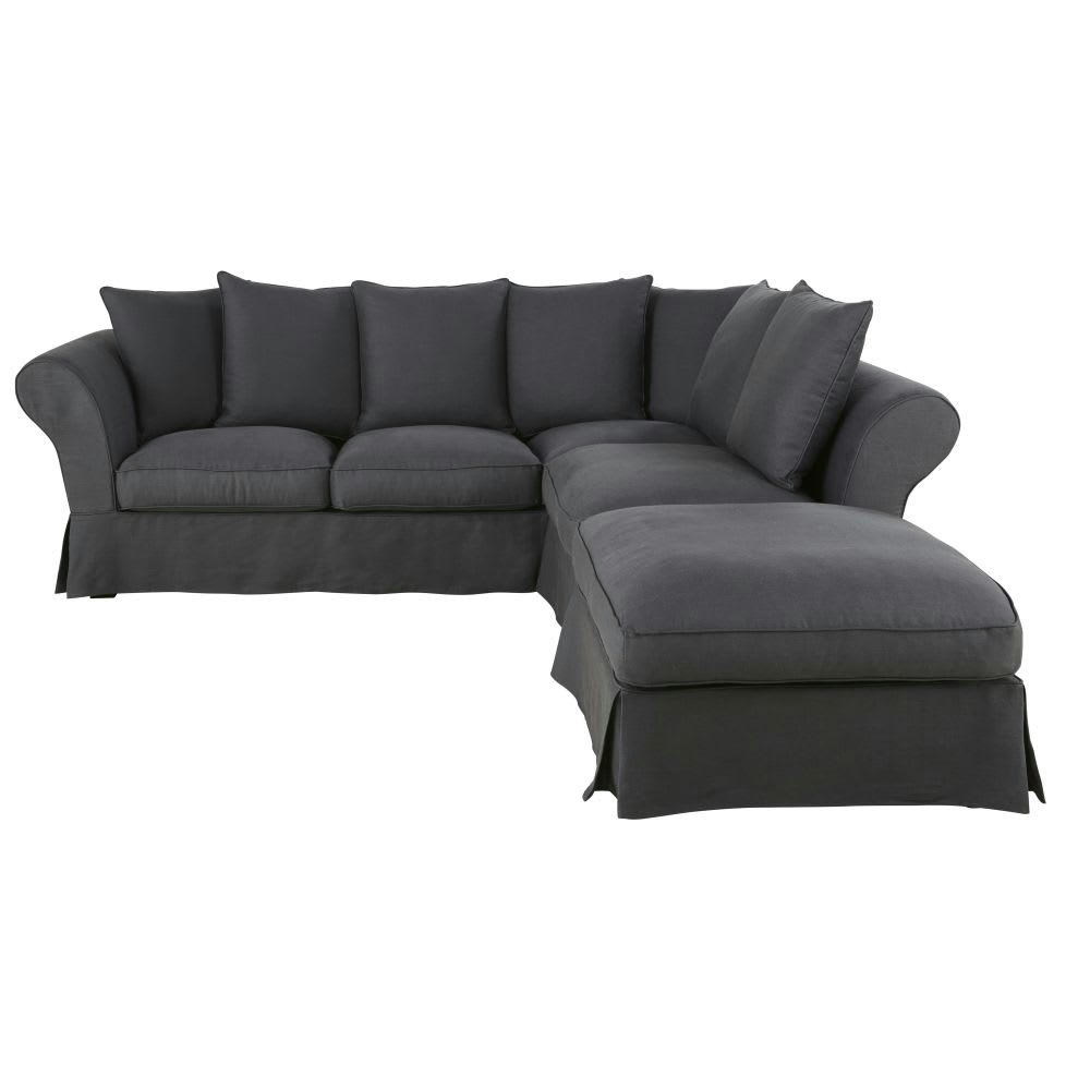Roma - Housse de canapé d'angle convertible (6 cm) en lin froissé gris anthracite