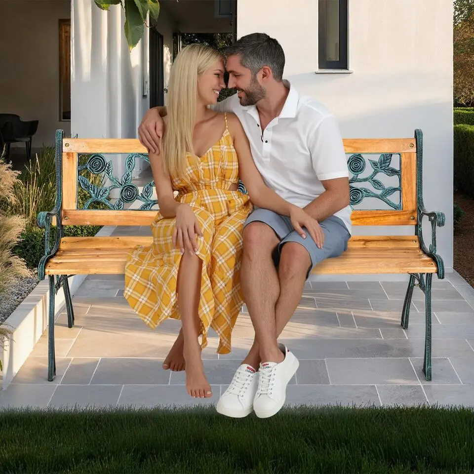 tectake Tuinbank Marina 2-zitter van hout en gietijzer 124x52x74, Bruin