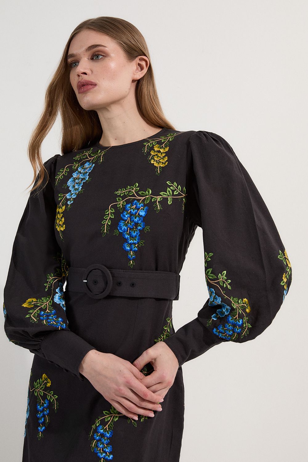 KarenMillen Floral Embroidered Cotton Linen Woven Midi Dress