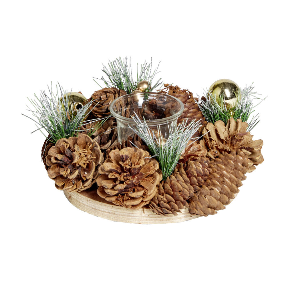 Bougeoir centre de table pomme de pin et boules de No&euml;l Ø19xH9cm