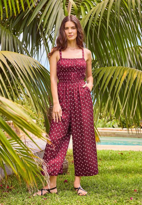 Womens Red Abstract Shirred Jumpsuit